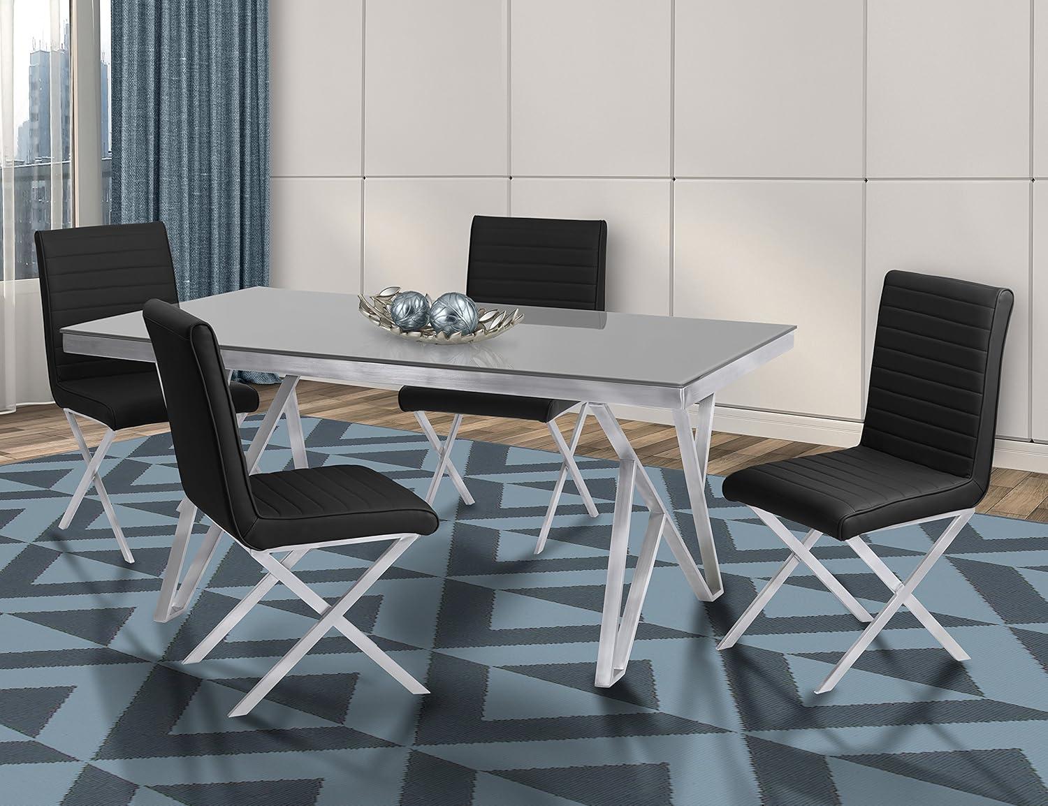Armen Living Tempe Contemporary Dining Chair in Gray Faux Leather with Brushed Stainless Steel Finish - Set of 2