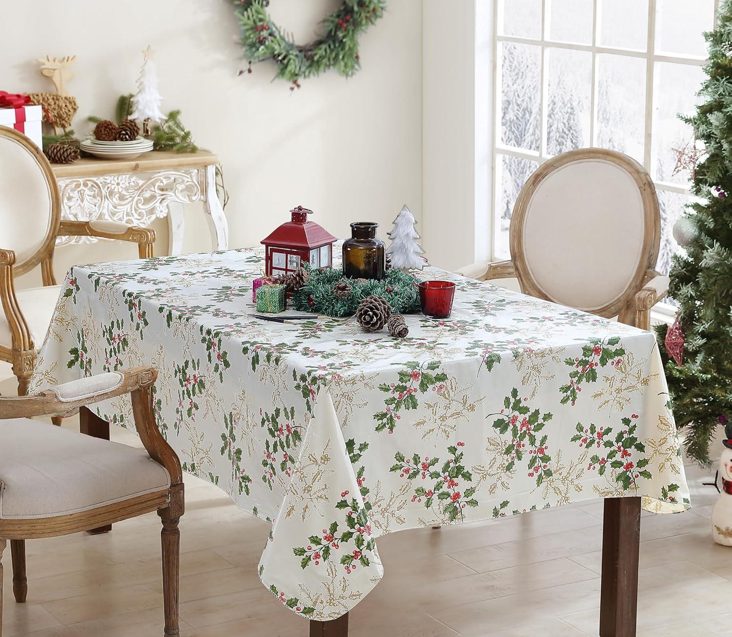 Golden Holly and Berry Vinyl Holiday Tablecloth, 52" Square