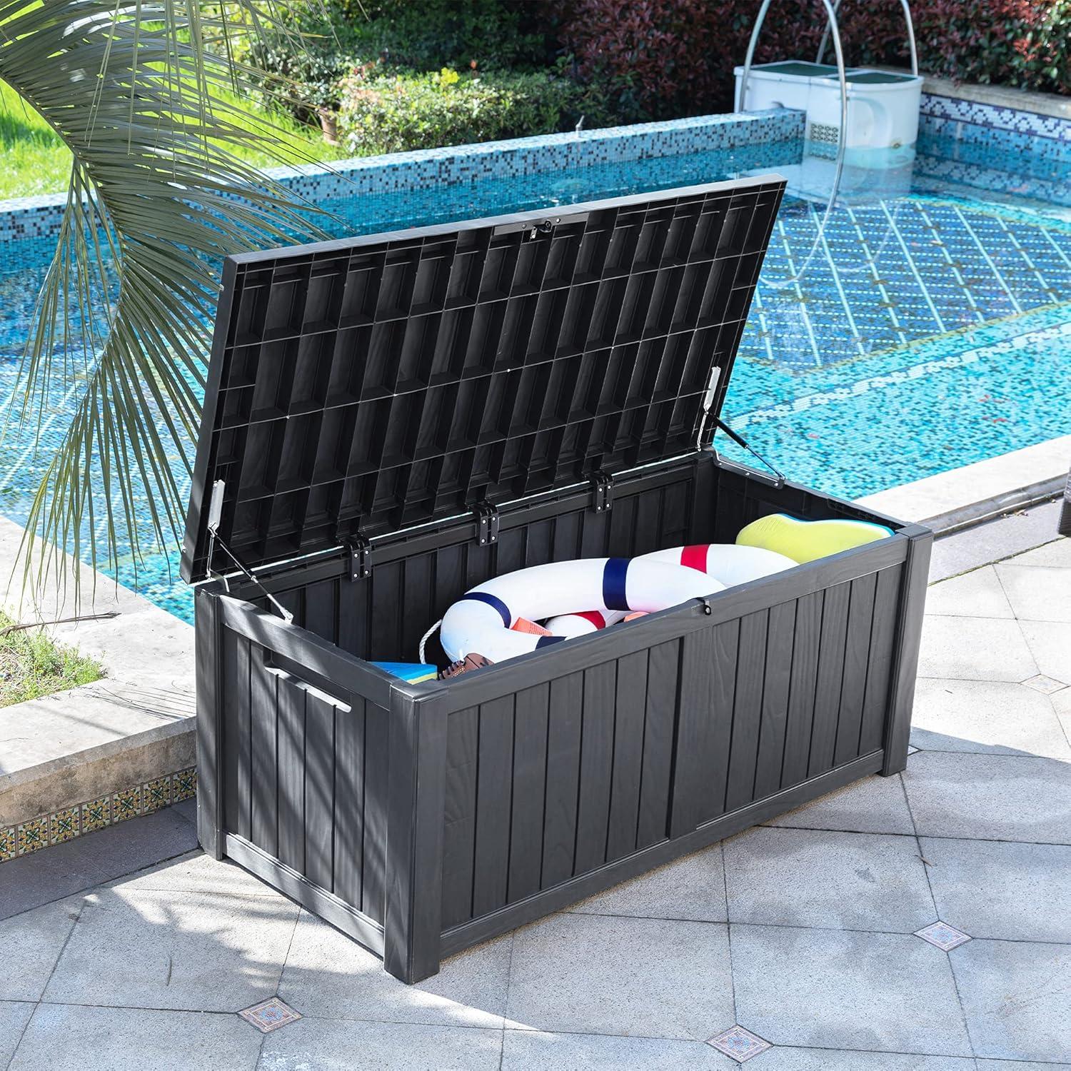 Dextrus Outdoor Storage Deck Box 120 Gallon - Large Resin Patio Storage for Outdoor Pillows, Garden Tools and Pool Supplies - Waterproof and Lockable (Dark Grey)