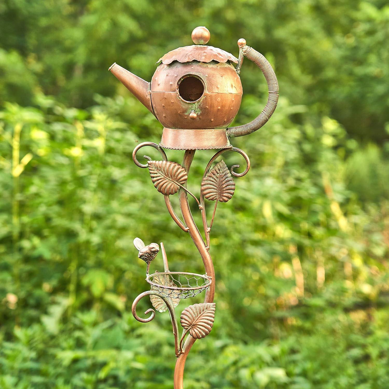 Antique Copper Teapot Birdhouse with Leaf Design Stake