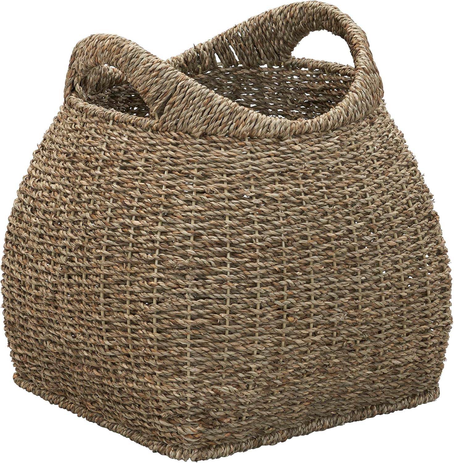 Household Essentials Basket with Handles Seagrass: Handwoven Round Storage, Brown Decorative Wicker, 14" Height
