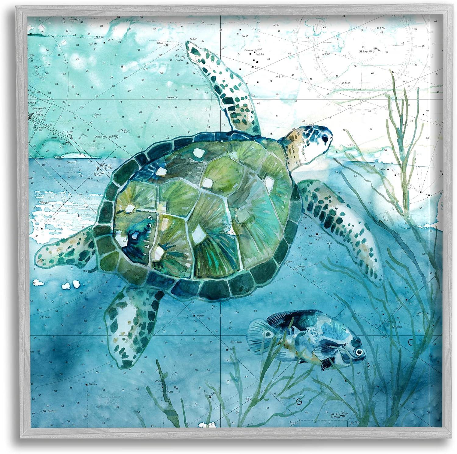 Gray Framed Sea Tortoise and Fish Nautical Wall Art, 12 x 12