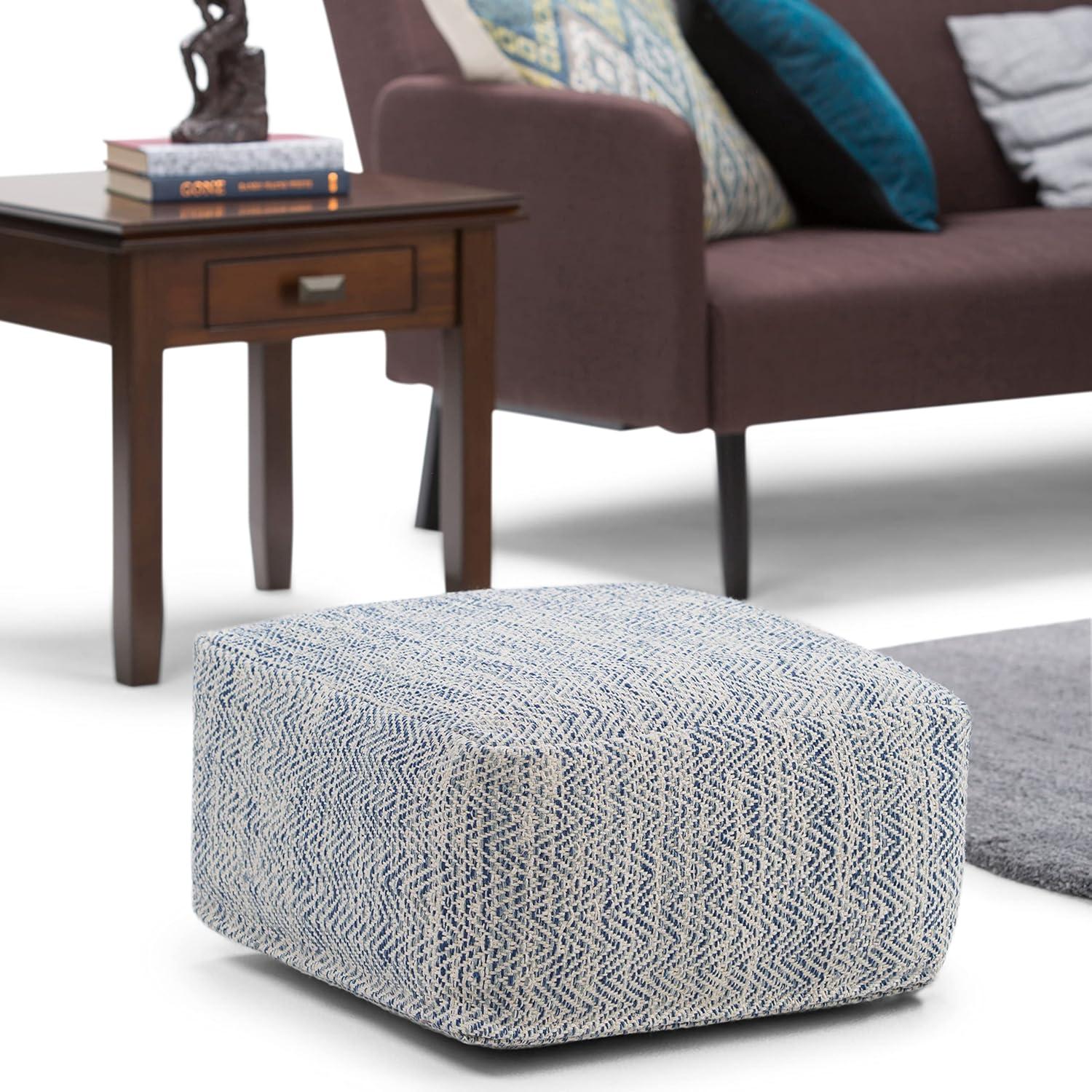 Nate Boho Square Pouf in Denim Melange Cotton