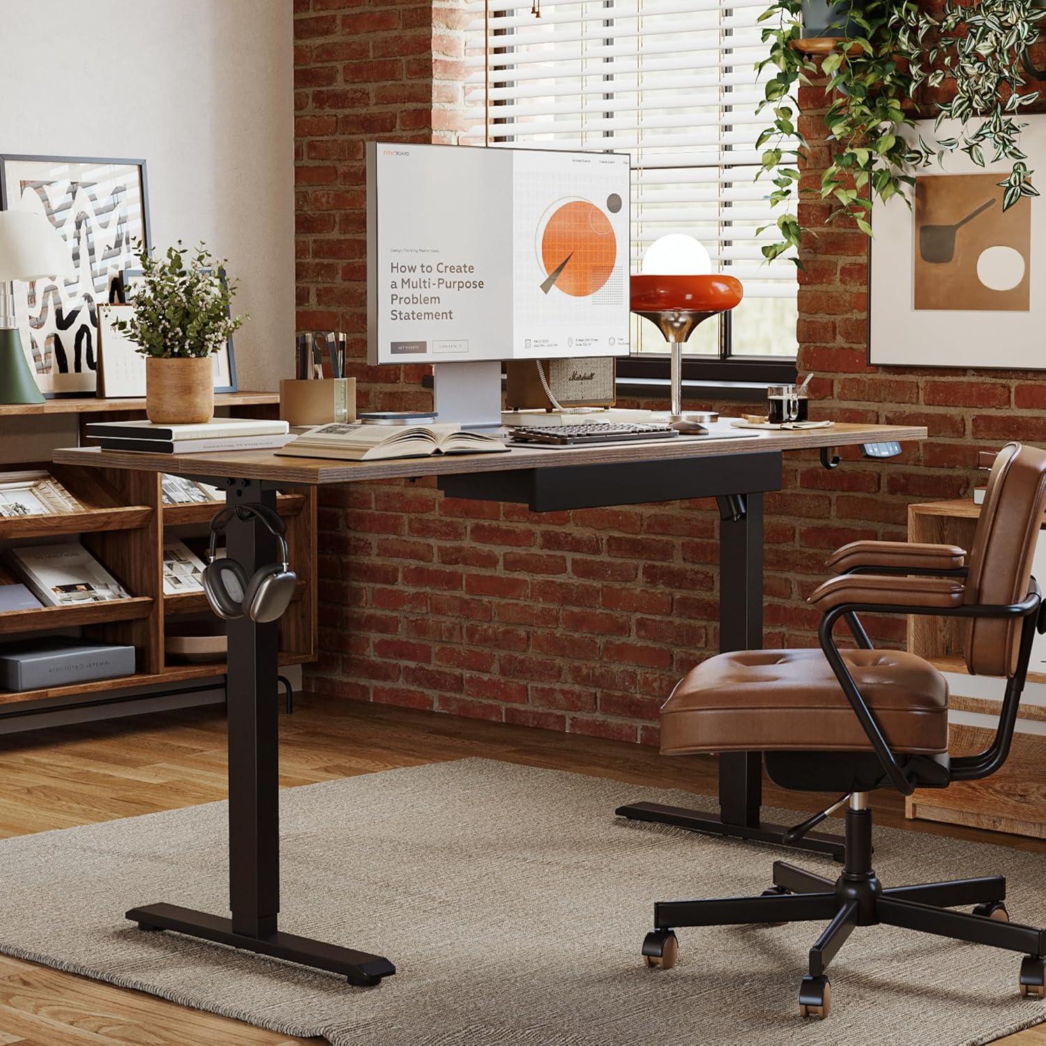 Agilestic Adjustable Height Electric Standing Desk with Storage Wooden Drawer, 55 x 24 Inches Stand Up Home Office Computer Gaming Table for Work Office Home, Rustic Brown