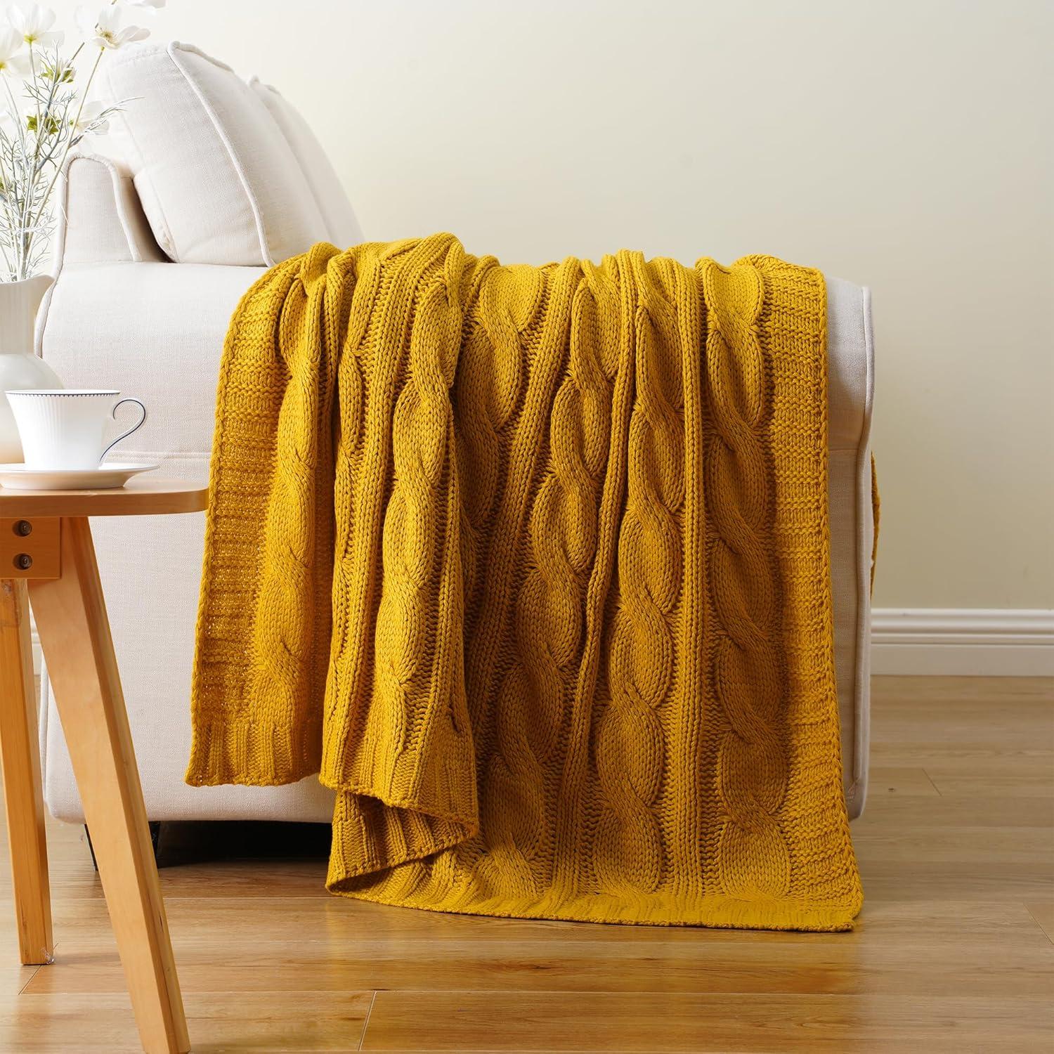 Battilo Mustard Cable Knit Blankets,Yellow Herringbone Blankets,Dorm Essentials,50" x 60"