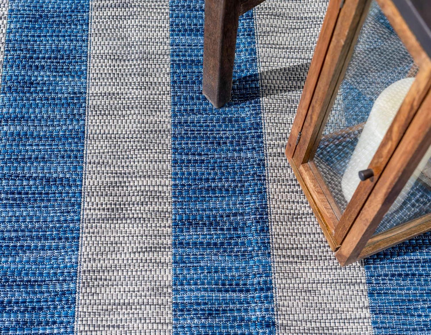 Blue and White Striped Outdoor Synthetic Rug, 9' x 12'