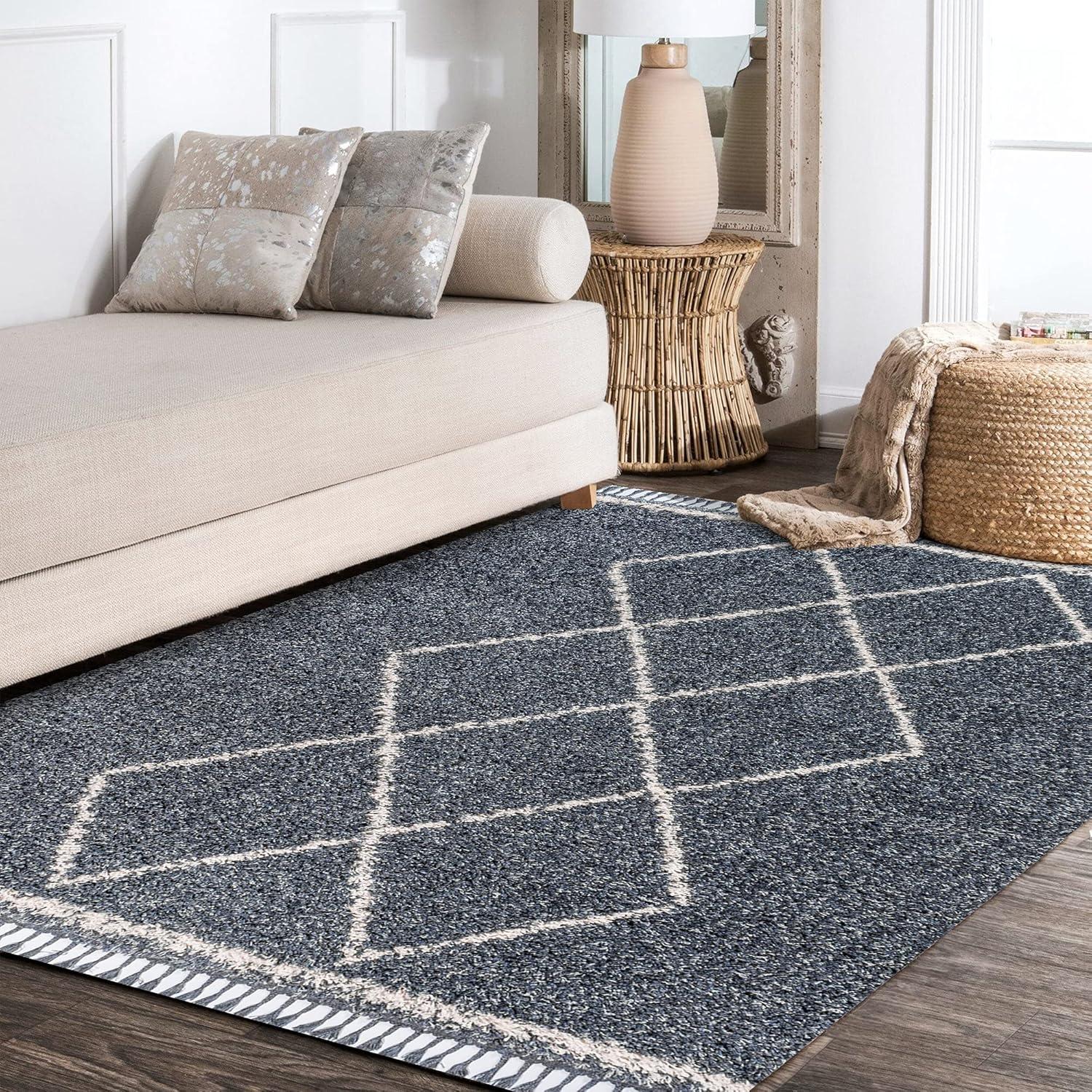 4'x6' Mercer Shag Plush Tassel Moroccan Geometric Trellis Area Rug, Cream/Grey - JONATHAN Y