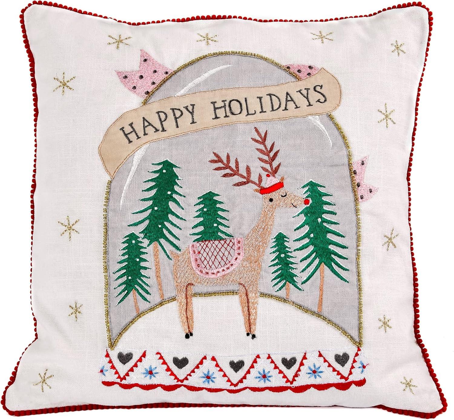 Embroidered White and Red Christmas Reindeer Throw Pillow