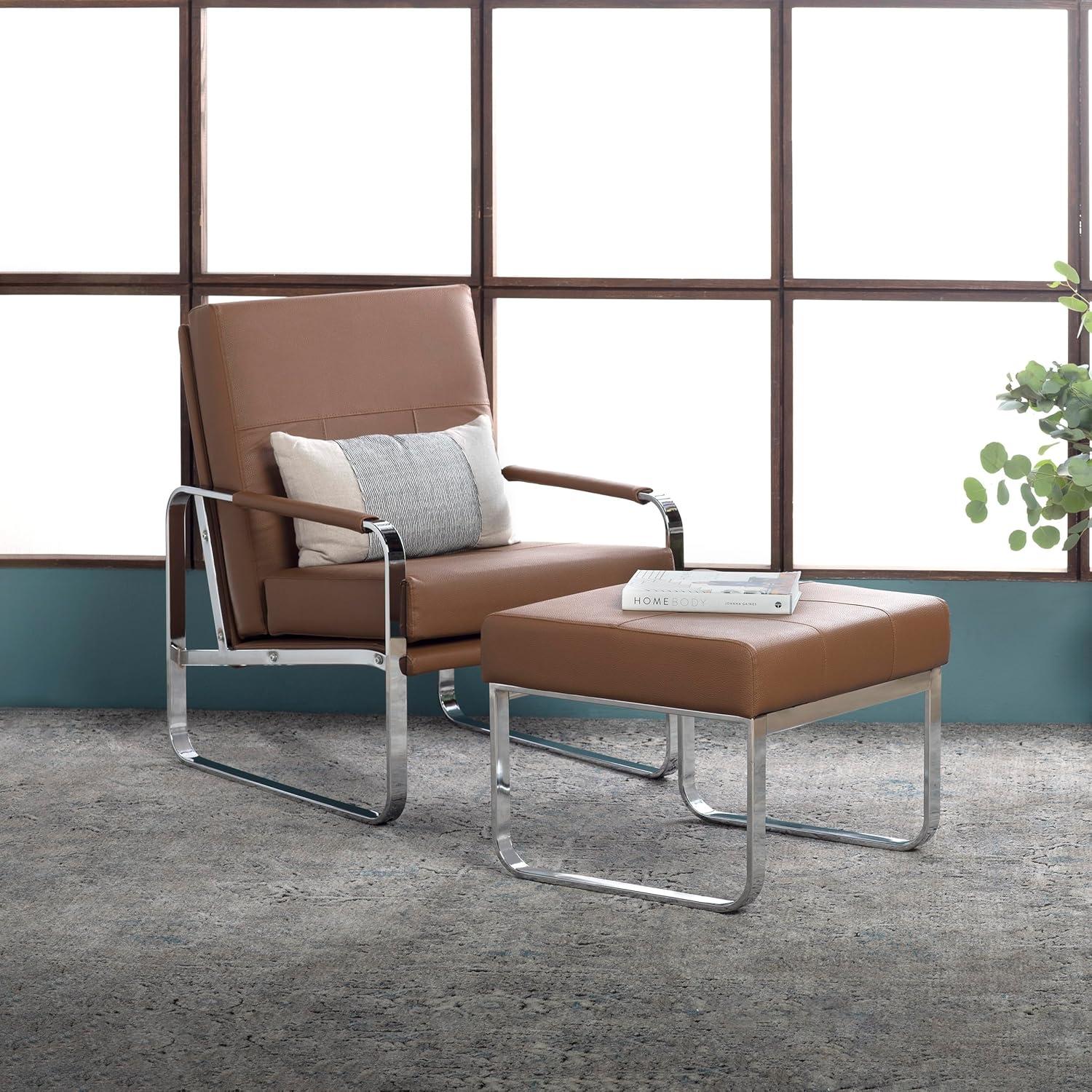 Caramel Brown Leather Reclining Accent Chair with Chrome Frame