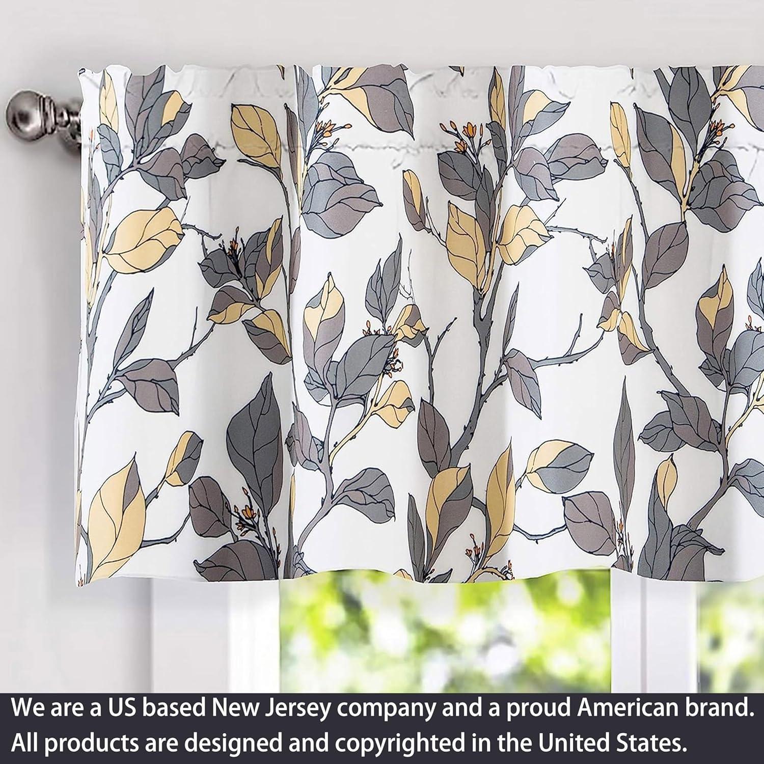 DriftAway Ryan Floral Leaves Blackout Window Curtain Valance Rod Pocket Yellow Gray 52"Wx24"L+2" Header