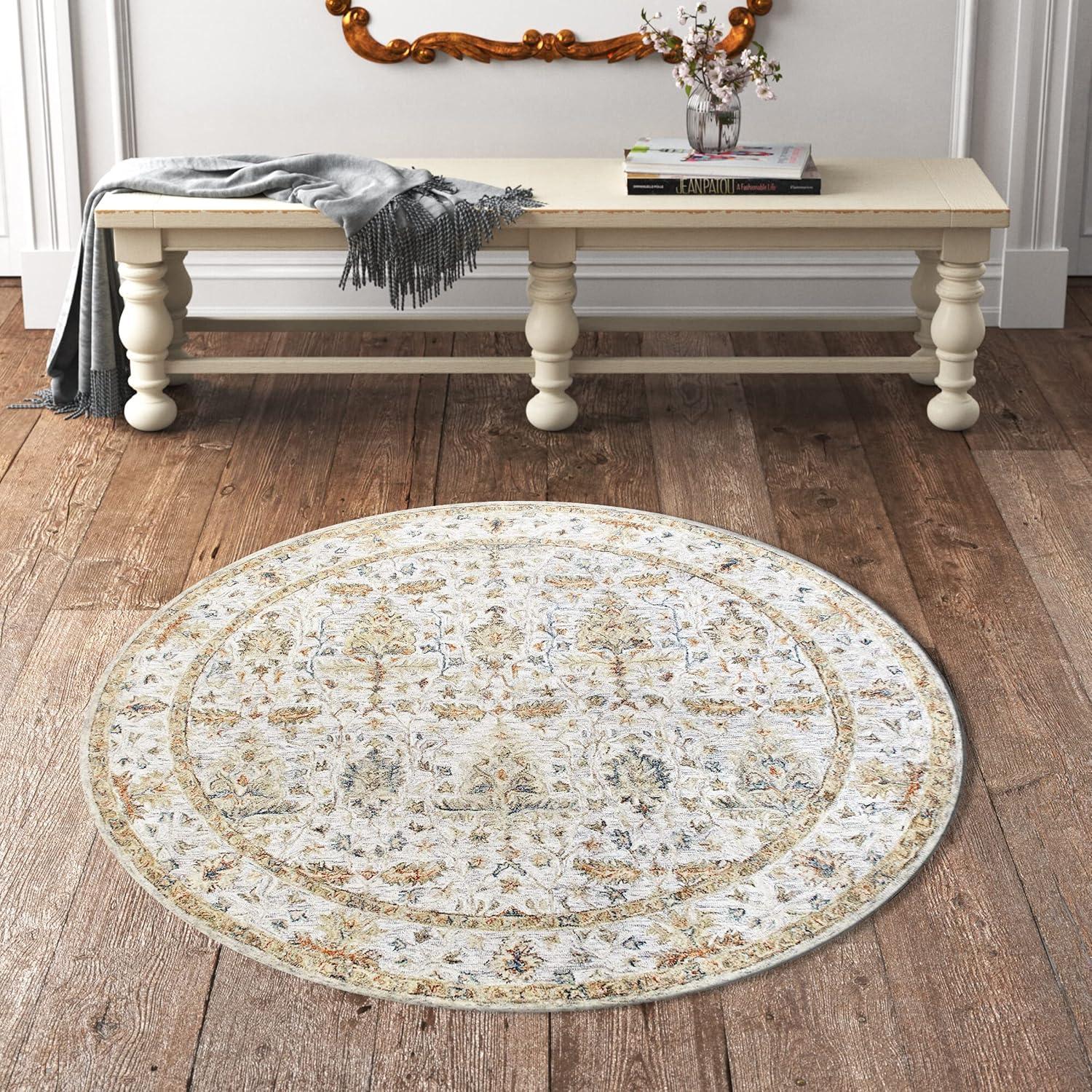 Handmade Blue and Taupe Round Wool Tufted Rug, 8.5 ft