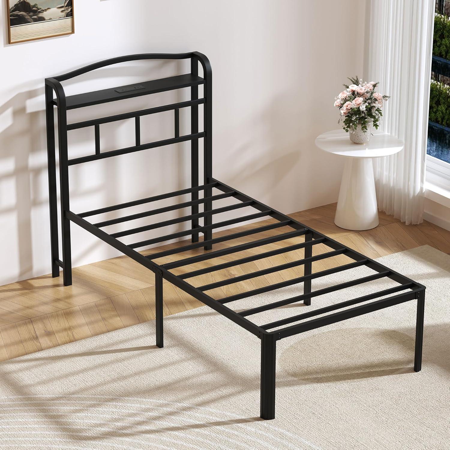 Twin Black Metal Bed Frame with Charging Station and Storage