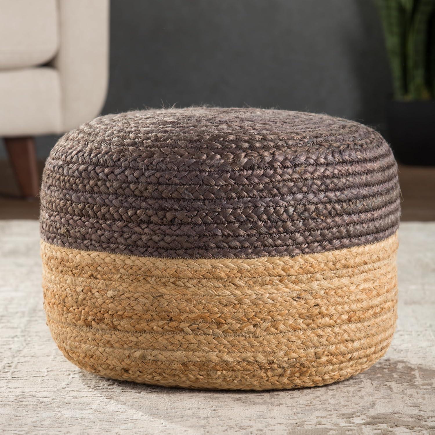 Oliana Dark Gray and Natural Jute Round Pouf, 18"