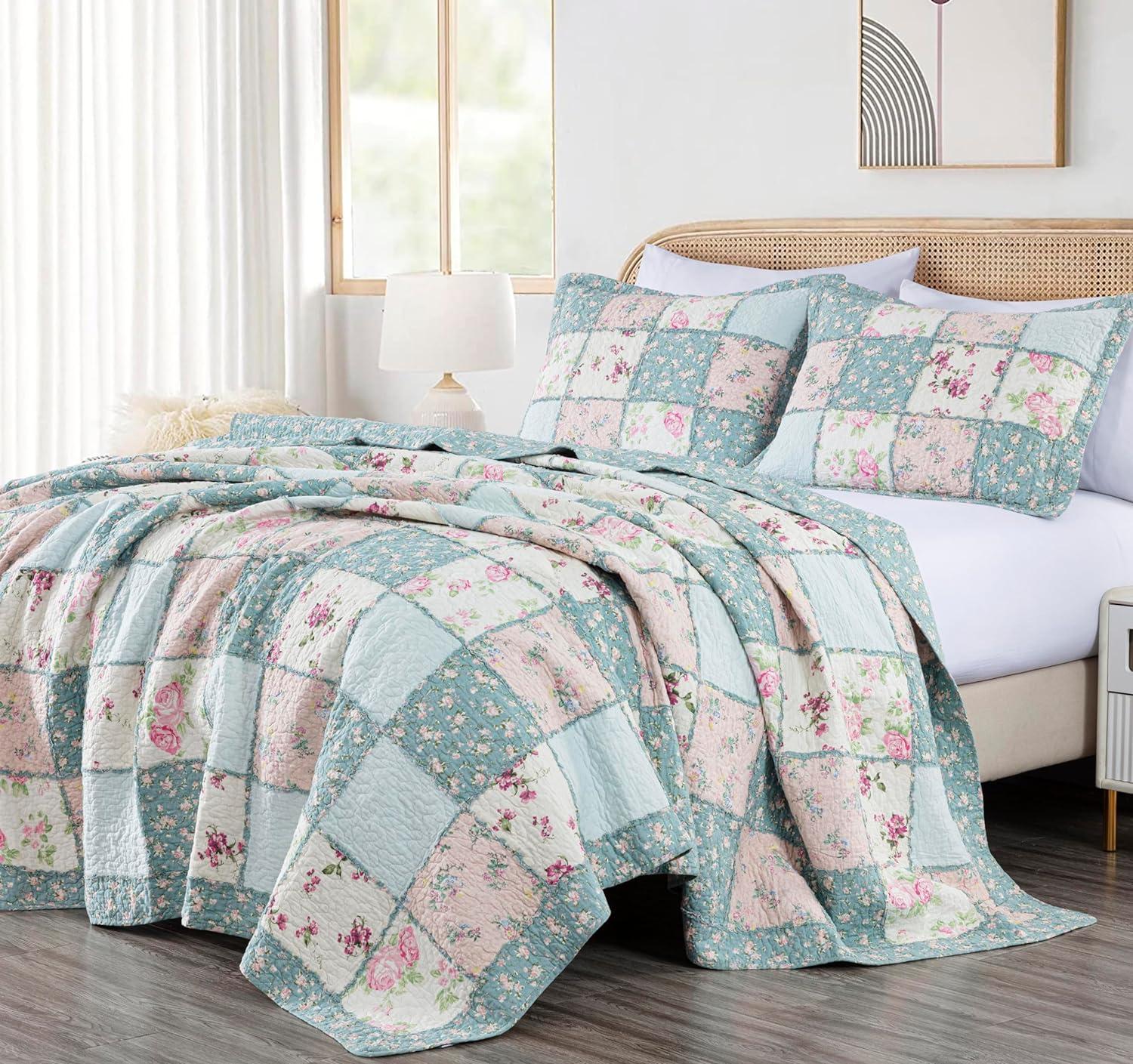 Chezmoi Collection 3-Piece Floral Pre-Washed Cotton Ruffle Trim Patchwork Quilt Set, Queen