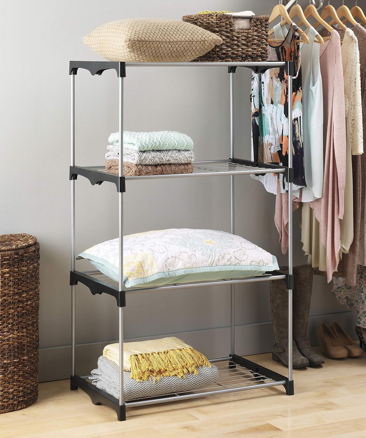 Whitmor 4-Tier Freestanding Metal Shelf Tower Closet System, Black & Silver