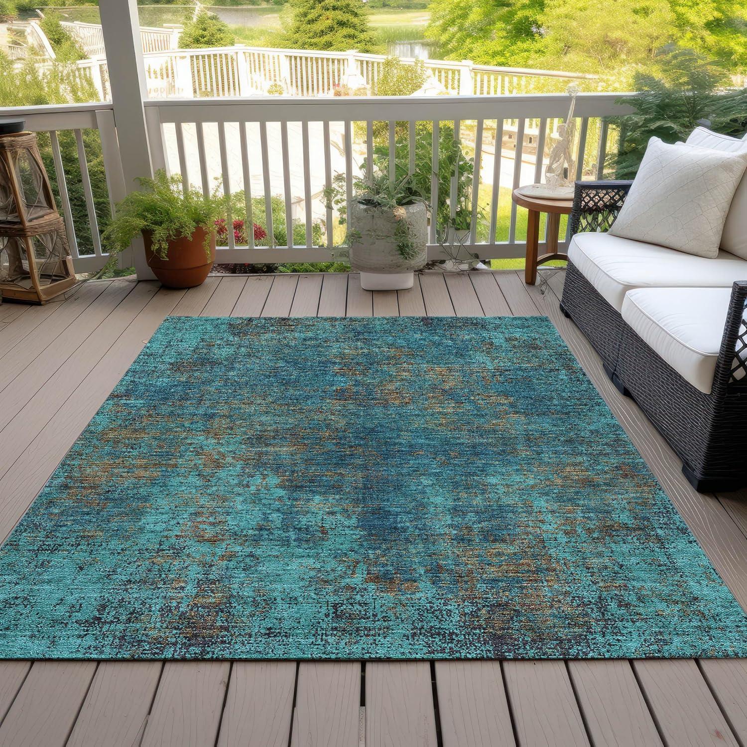 Teal Abstract Flat Woven Indoor Outdoor Area Rug