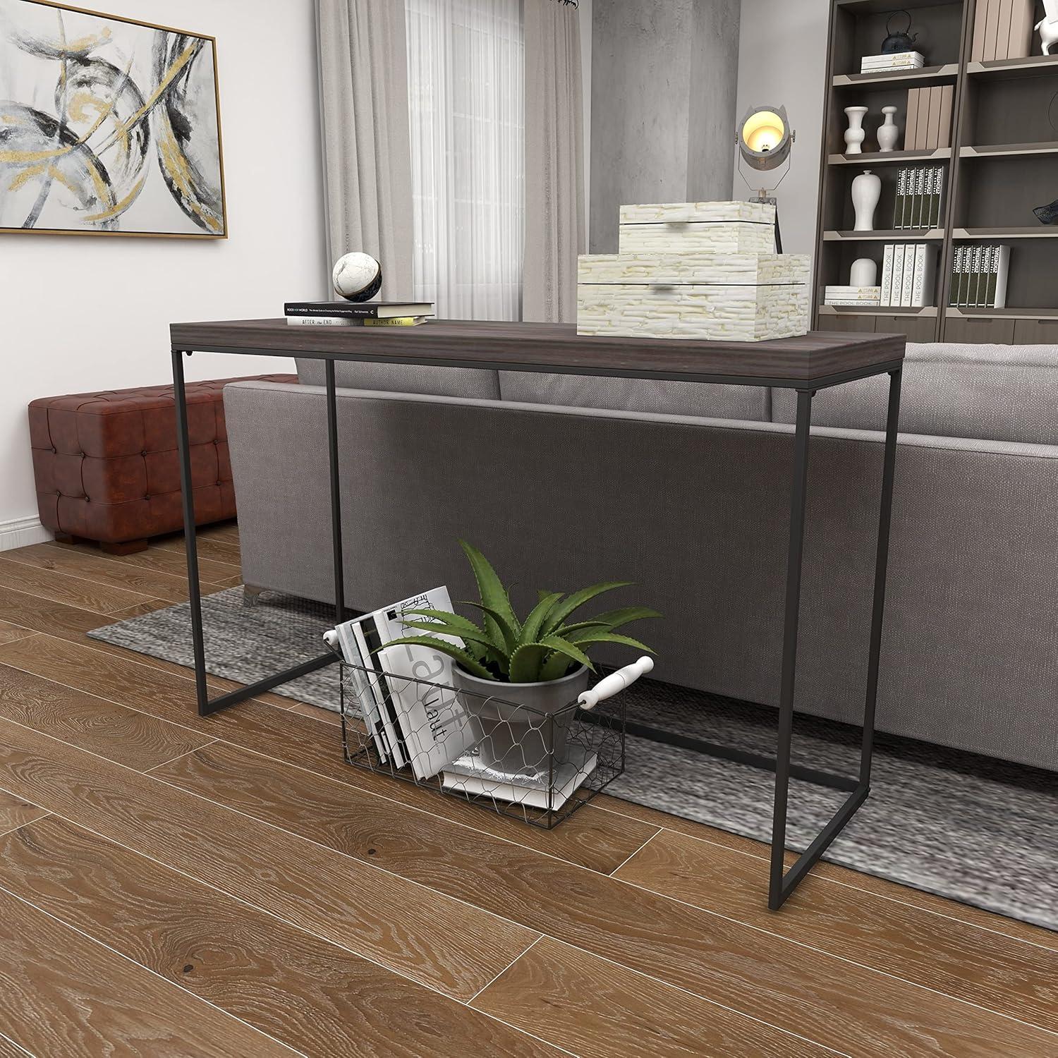 Union Rustic Corneau Wood Minimalistic Dark Brown Console Table with Black Metal Legs