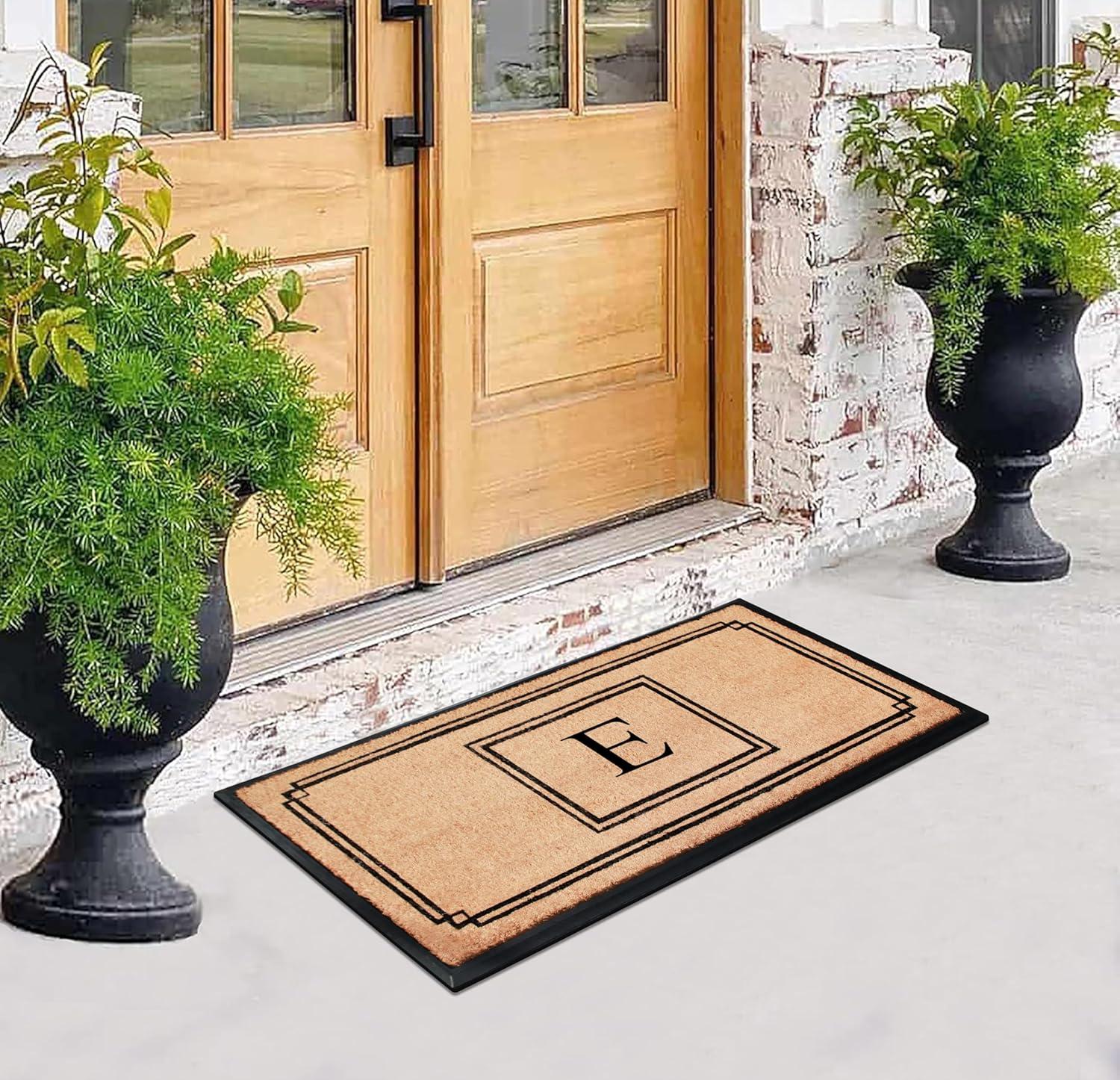 A1HC Rubber & Coir Heavy Duty, Extra Large 24"X47.5", Black/Beige Doormat Monogrammed E