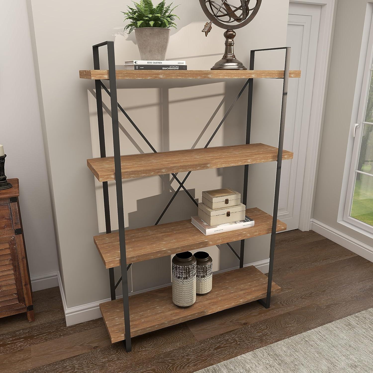 Rustic Industrial 67" Tall Brown Fir Wood 4-Tier Shelving Unit