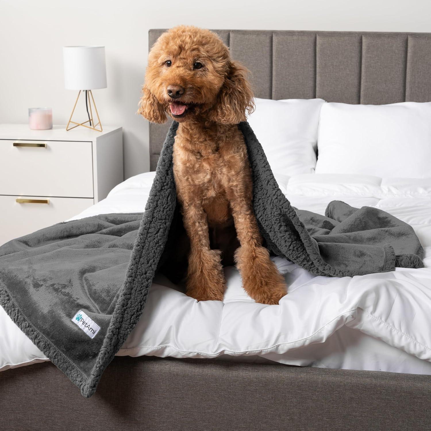 PetAmi Waterproof Dog Blanket for Bed Couch Sofa Cover, Reversible Faux Shearling Fleece Pet Throw