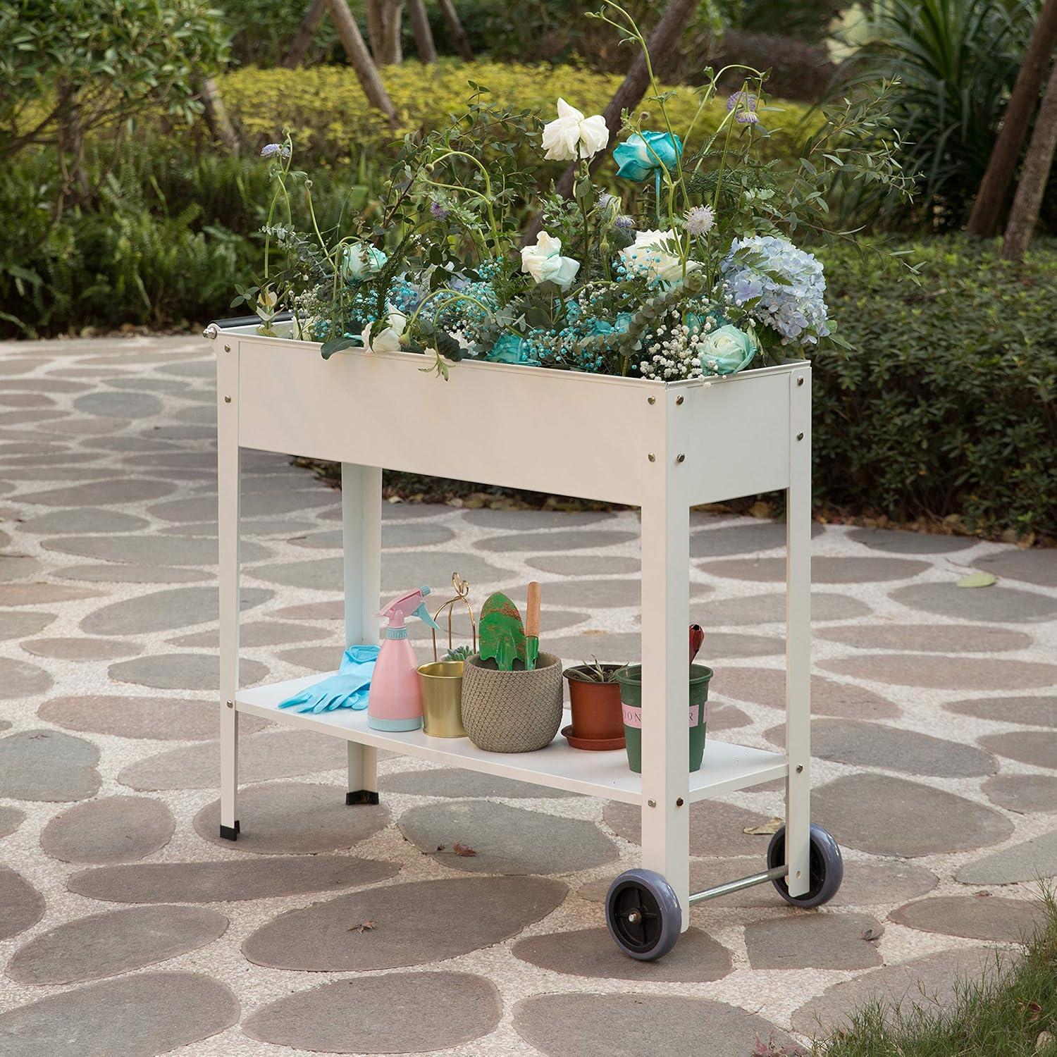 Elevated White Metal Mobile Planter Cart with Storage Shelf