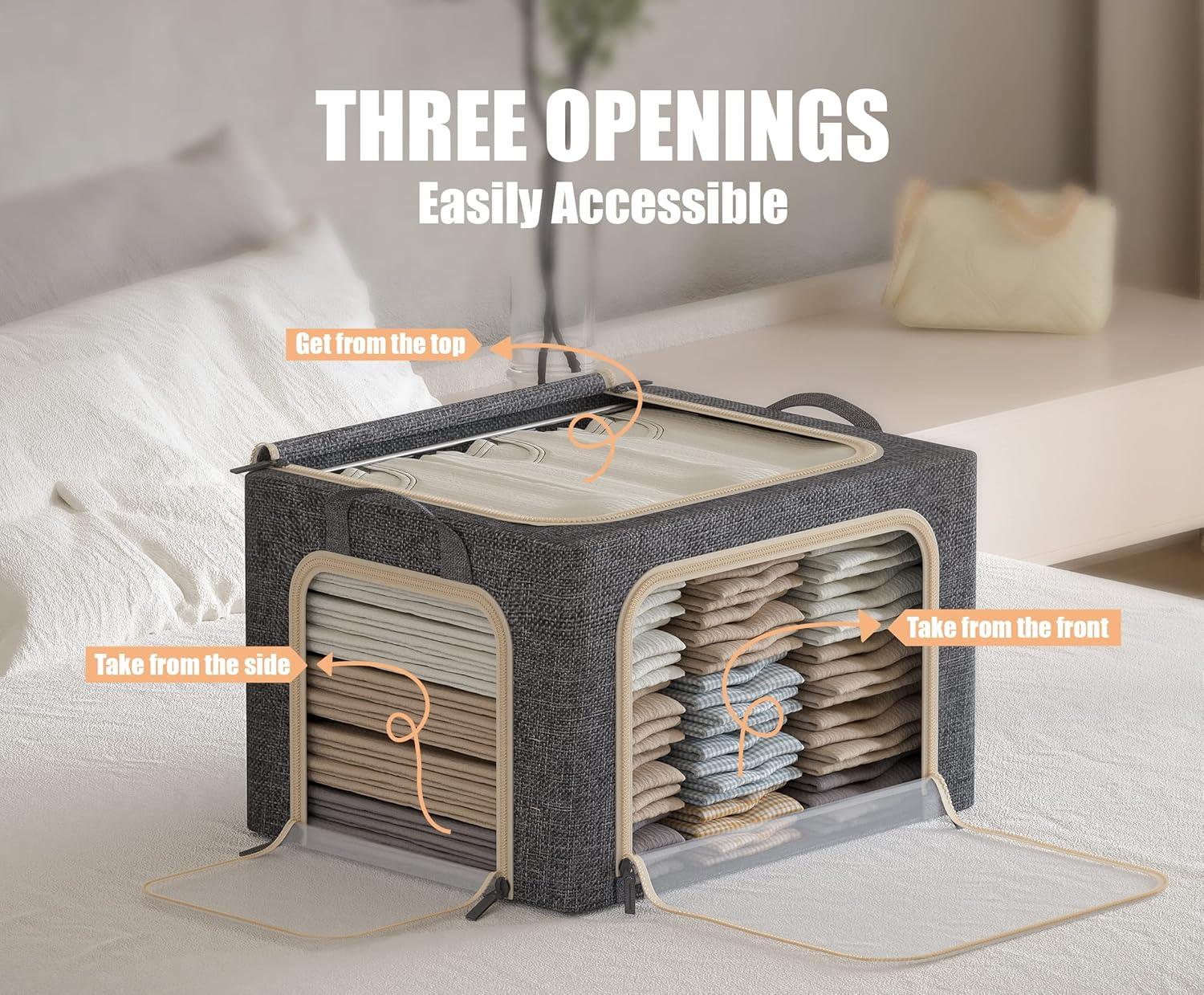 3 Openings Clothes Storage Bins With Metal Frame, Foldable Storage Bin For Clothes, Clothing Storage Bins With Lid, Linen Storage Box With Clear Window& Zippers& Durable Handles.(3 Pcs,Light Grey,40L)