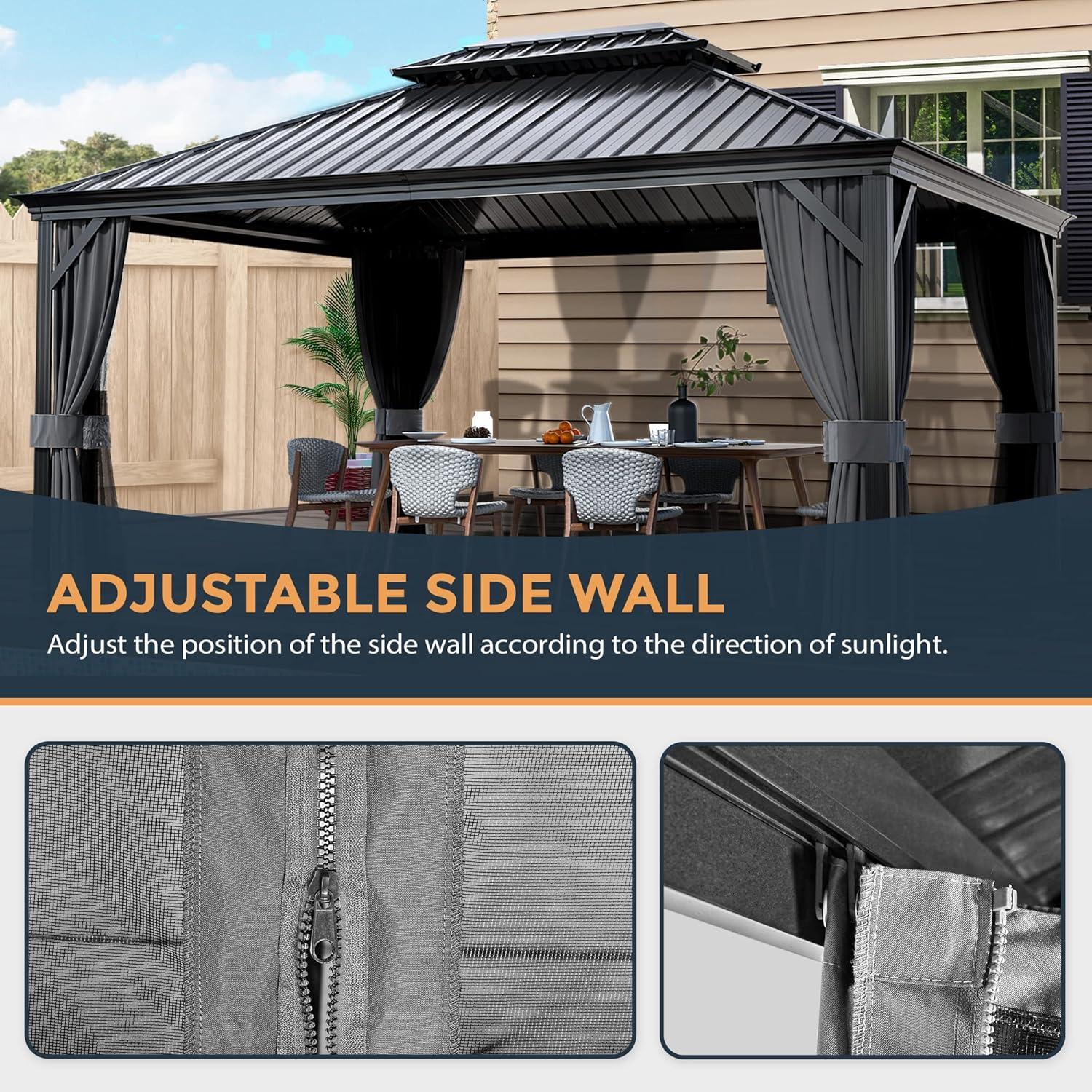 Kozyard Kozyard Alexander Gray Double Roof Hardtop Gazebo with Privacy Curtain Mosquito Netting