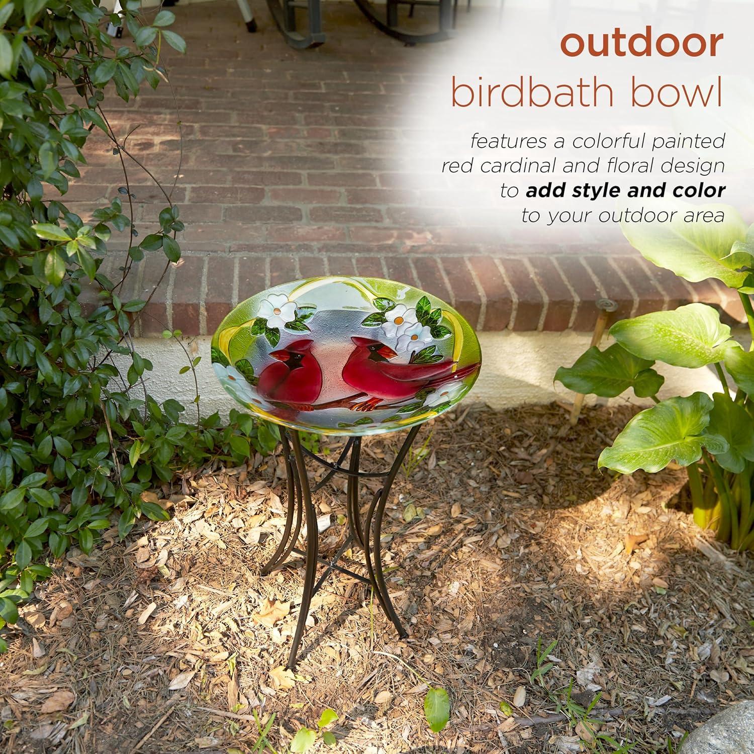 18" Glass Birdbath and Cardinal Bird Red - Alpine Corporation: Weather-Resistant, Freestanding Outdoor Decor