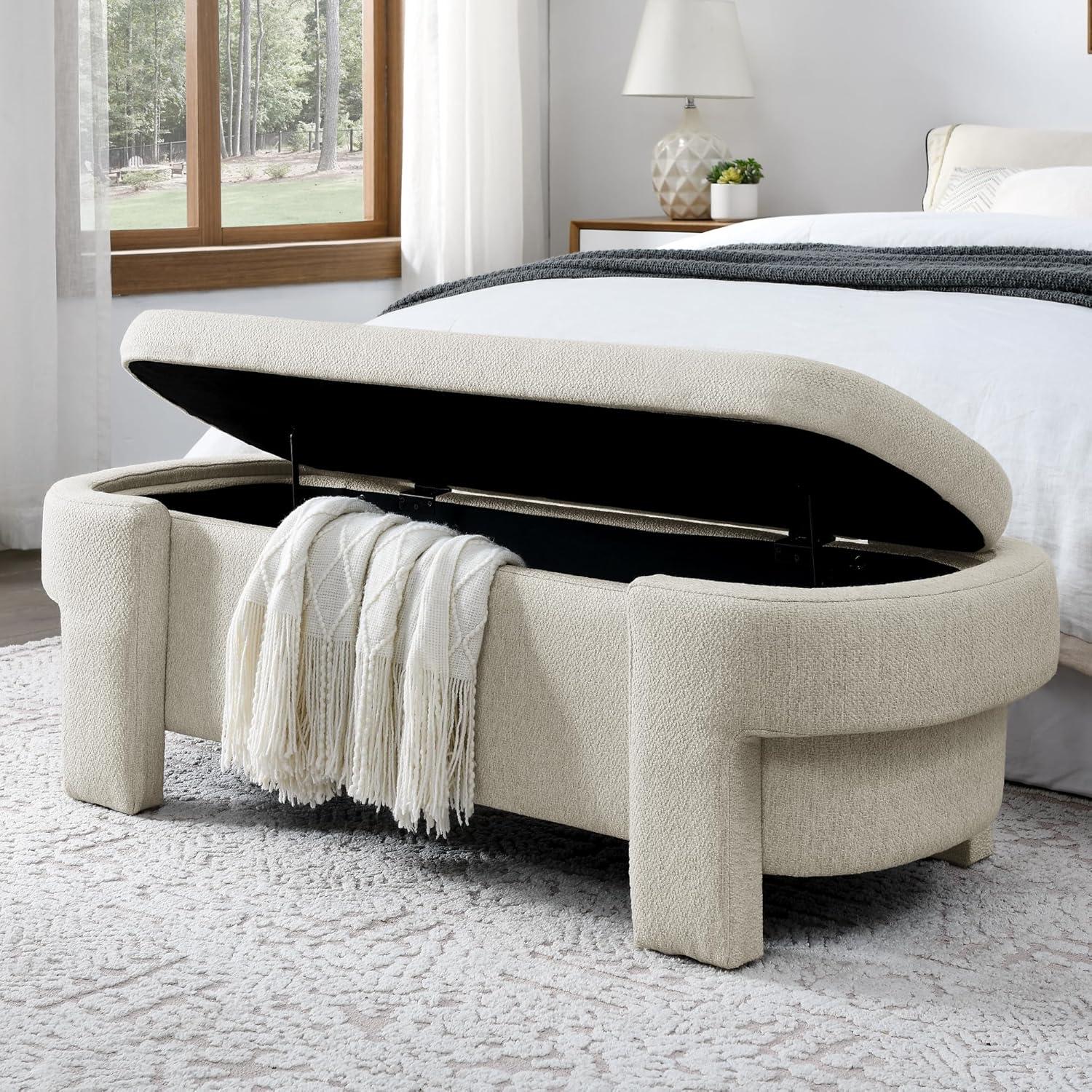 Beige Upholstered Oval Storage Bench with Wood Legs