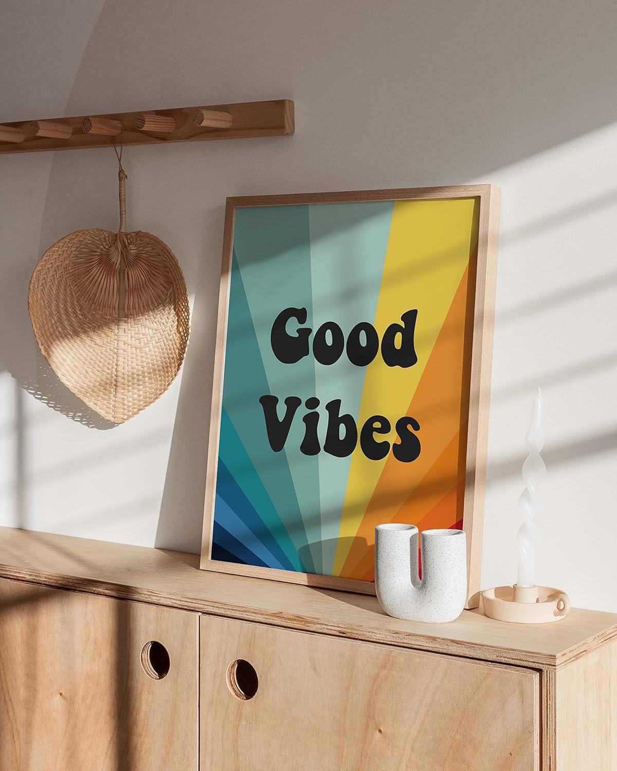 HAUS AND HUES Dope Posters Good Vibes Wall Decor - Good Vibes Only Wall Decor and Retro Posters | Good Vibes Only Wall Art and Retro Posters for Room Aesthetic Hippie Posters BEIGE FRAMED 12" x 16"
