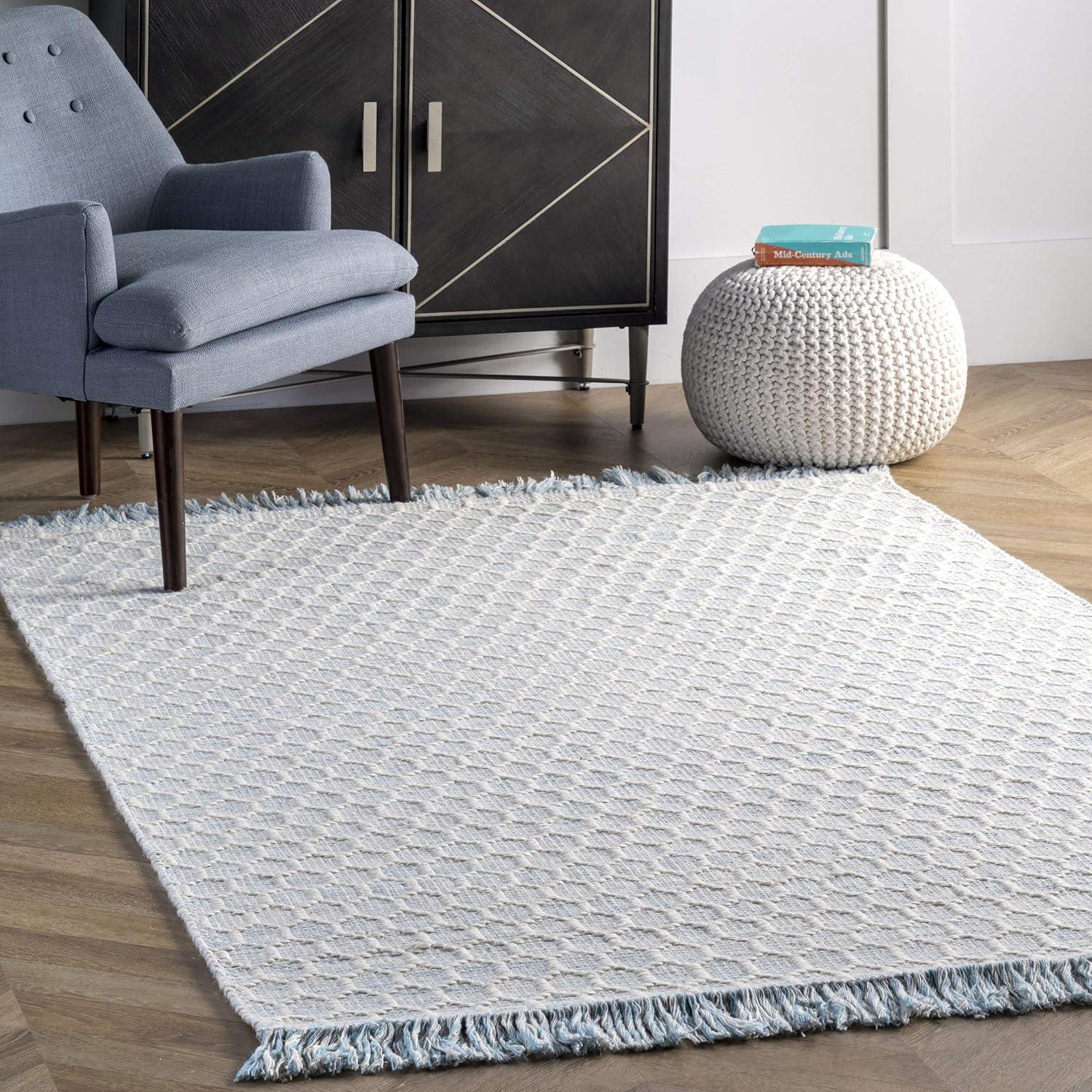 Handmade Honeycomb Geometric Wool-Cotton Rug, 6' x 9', Baby Blue