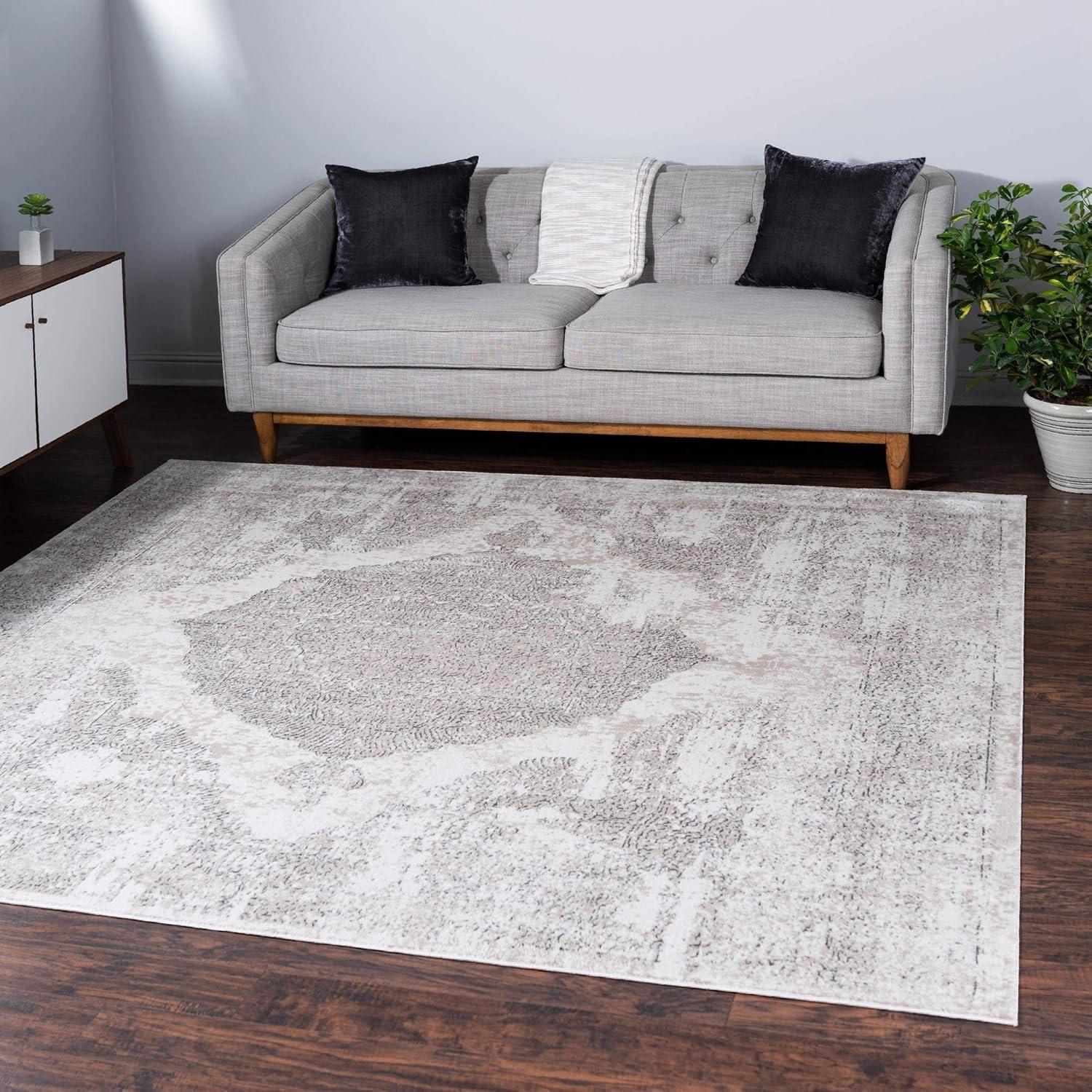 Ivory Geometric Square Stain-Resistant Synthetic Rug