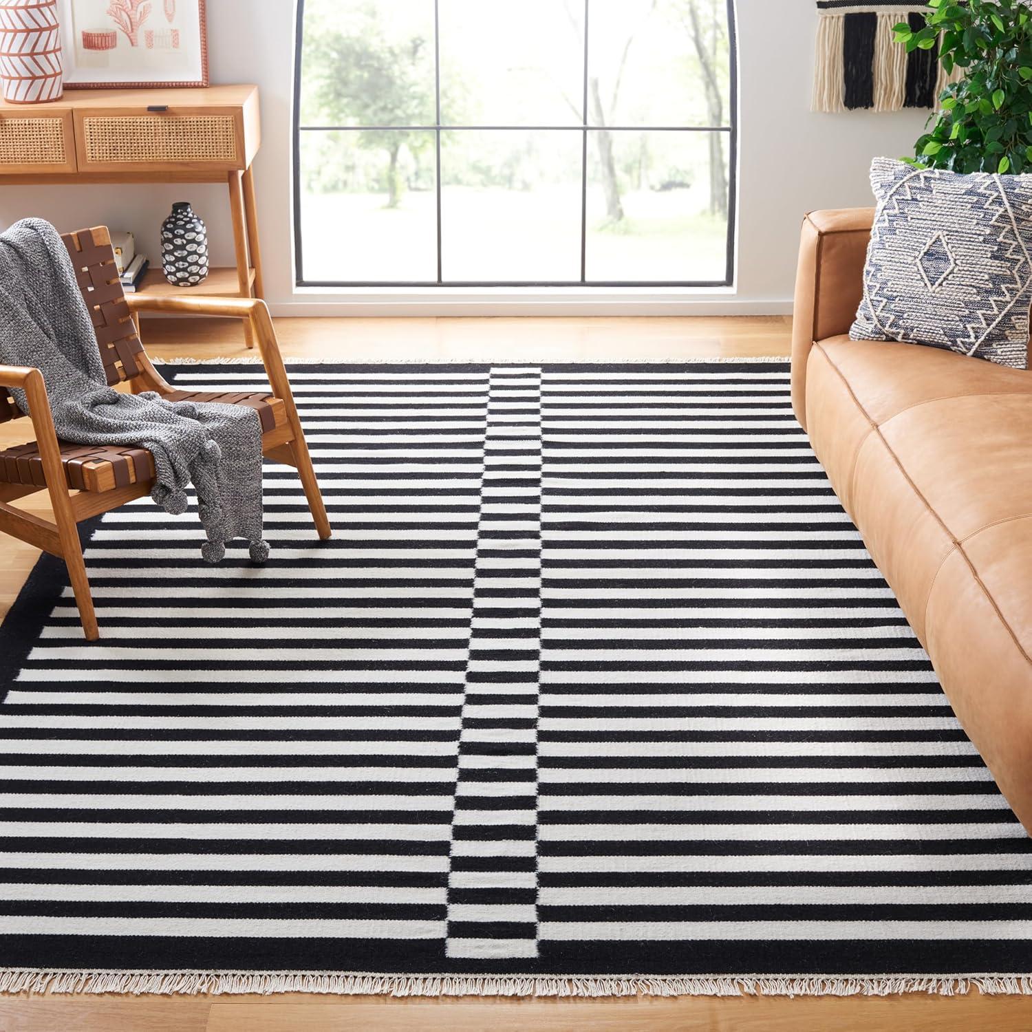 Striped Kilim STK805 Flat Weave Area Rug - Black/Ivory - 8'x10' - Safavieh
