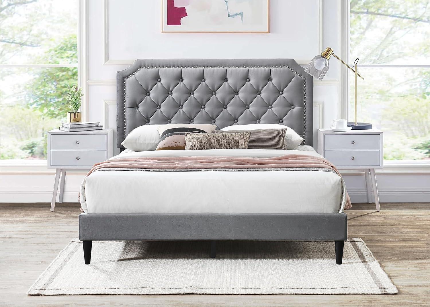 Ava Charcoal Velvet Tufted Queen Bed with Nailhead Trim