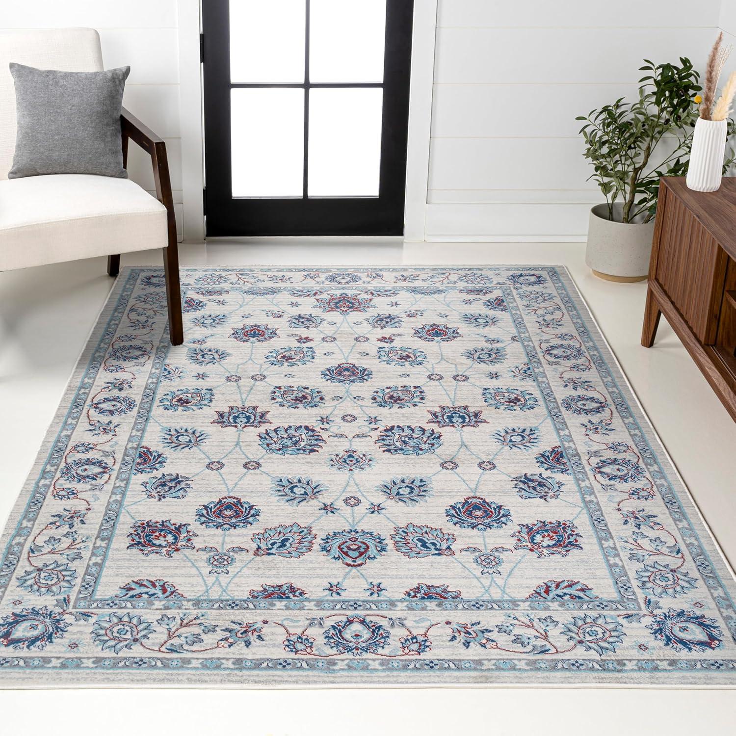 4' X 6' Modern Persian Vintage Moroccan Traditional Area Rug, Ivory/Blue/Red - JONATHAN Y