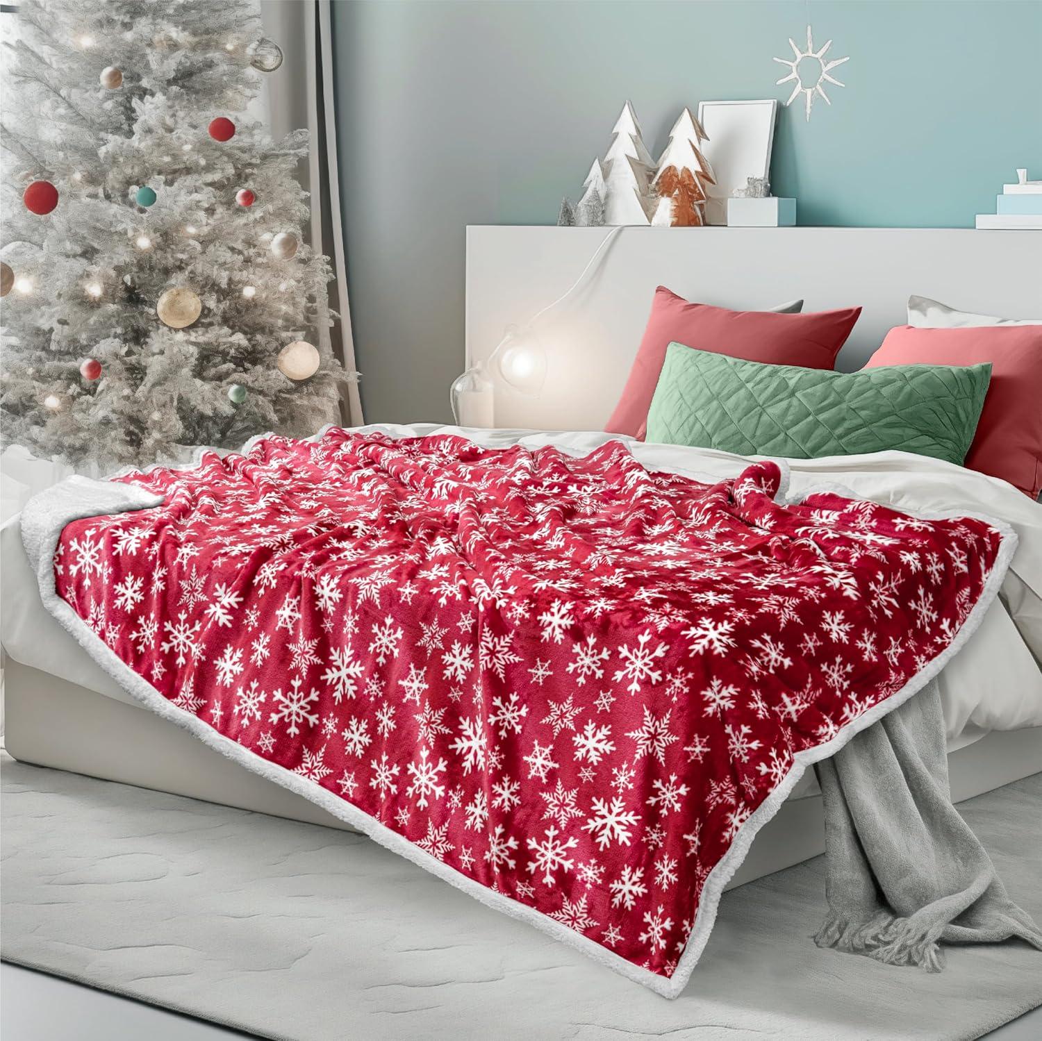 PAVILIA Soft Fleece Blanket Throw for Couch, Lightweight Plush Warm Blankets for Bed Sofa with Jacquard Pattern, Snowflake Red/Throw - 50x60