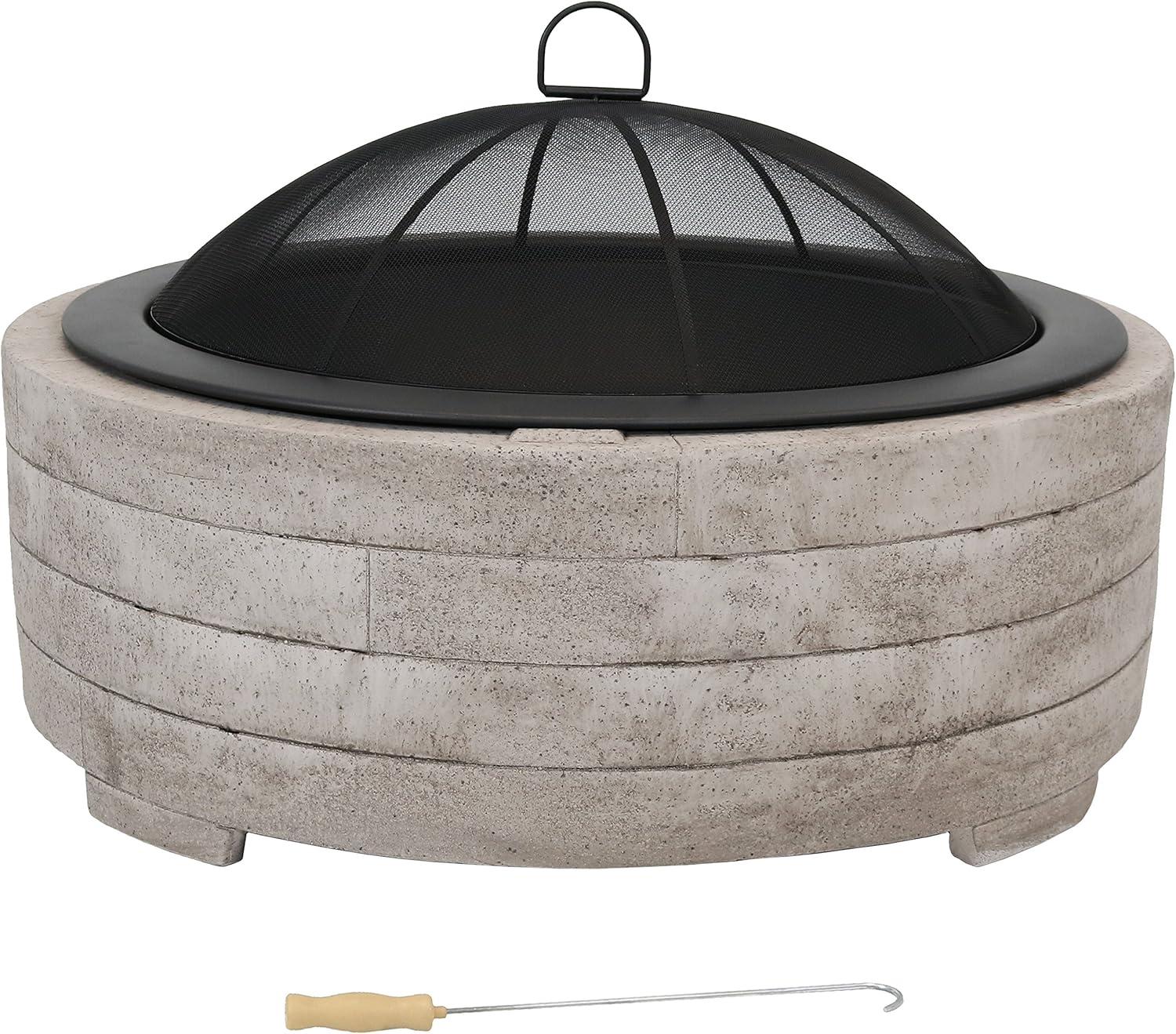 Sunnydaze Outdoor Large Round Faux Stone Fire Pit with Handles, Log Poker, and Spark Screen - 35" - Gray