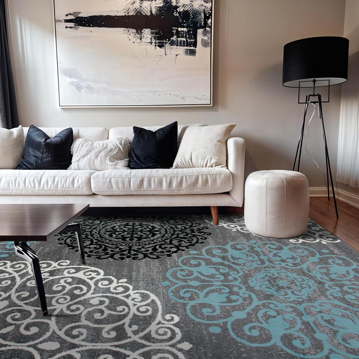 World Rug Gallery Floral Gray 5'3" x 7'3" Area Rug:  Botanical Pattern,  Pet Friendly,  Stain-Resistant,  Low Pile