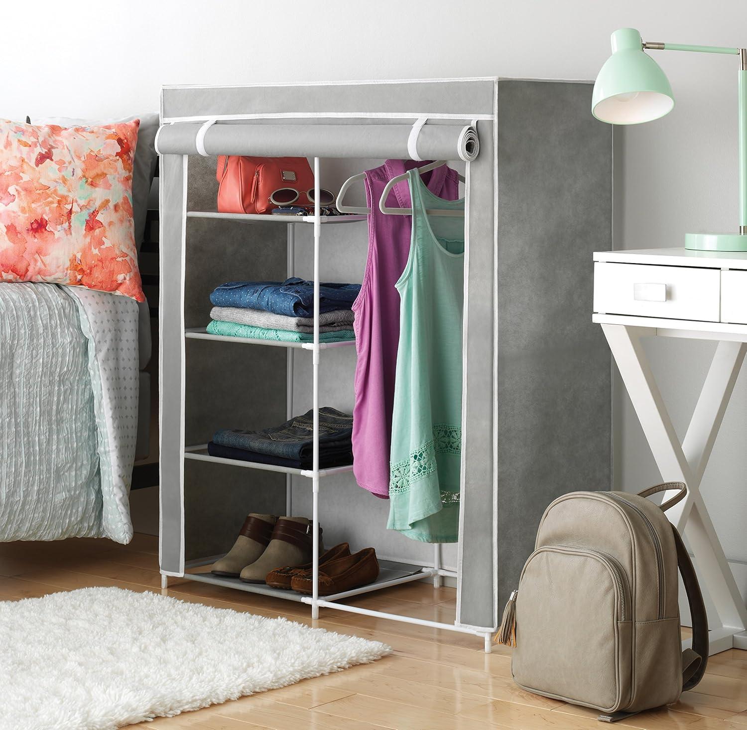 Gray Portable Fabric Closet Organizer with Shelves and Rod