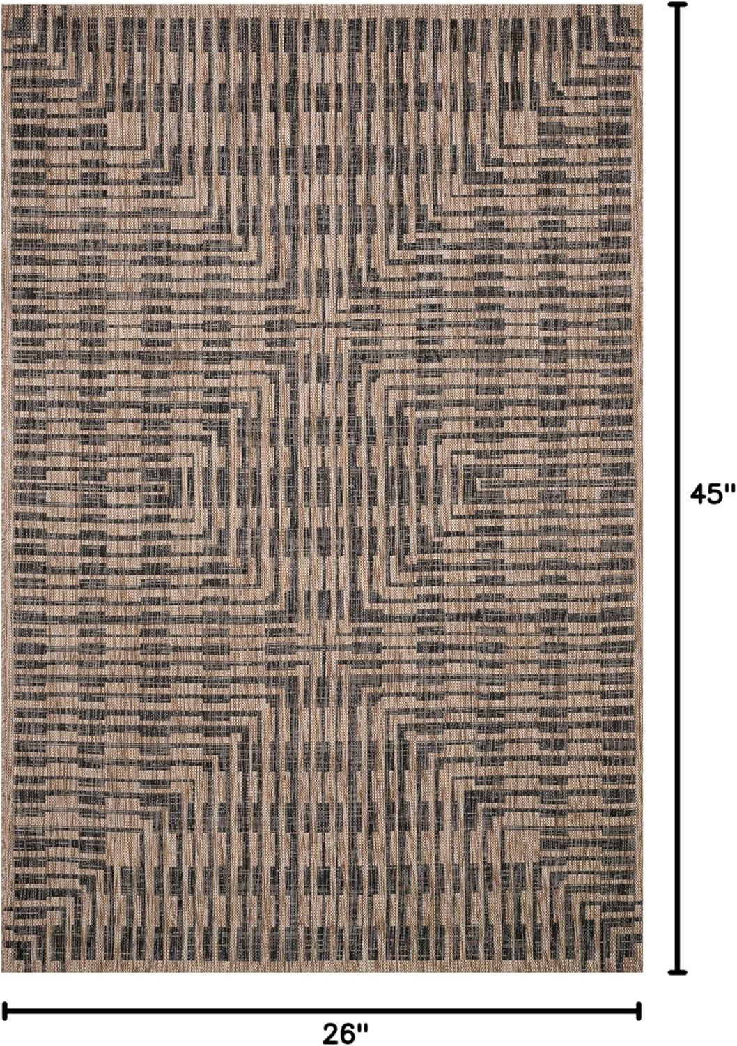 Black and Brown Geometric Synthetic Rectangular Rug