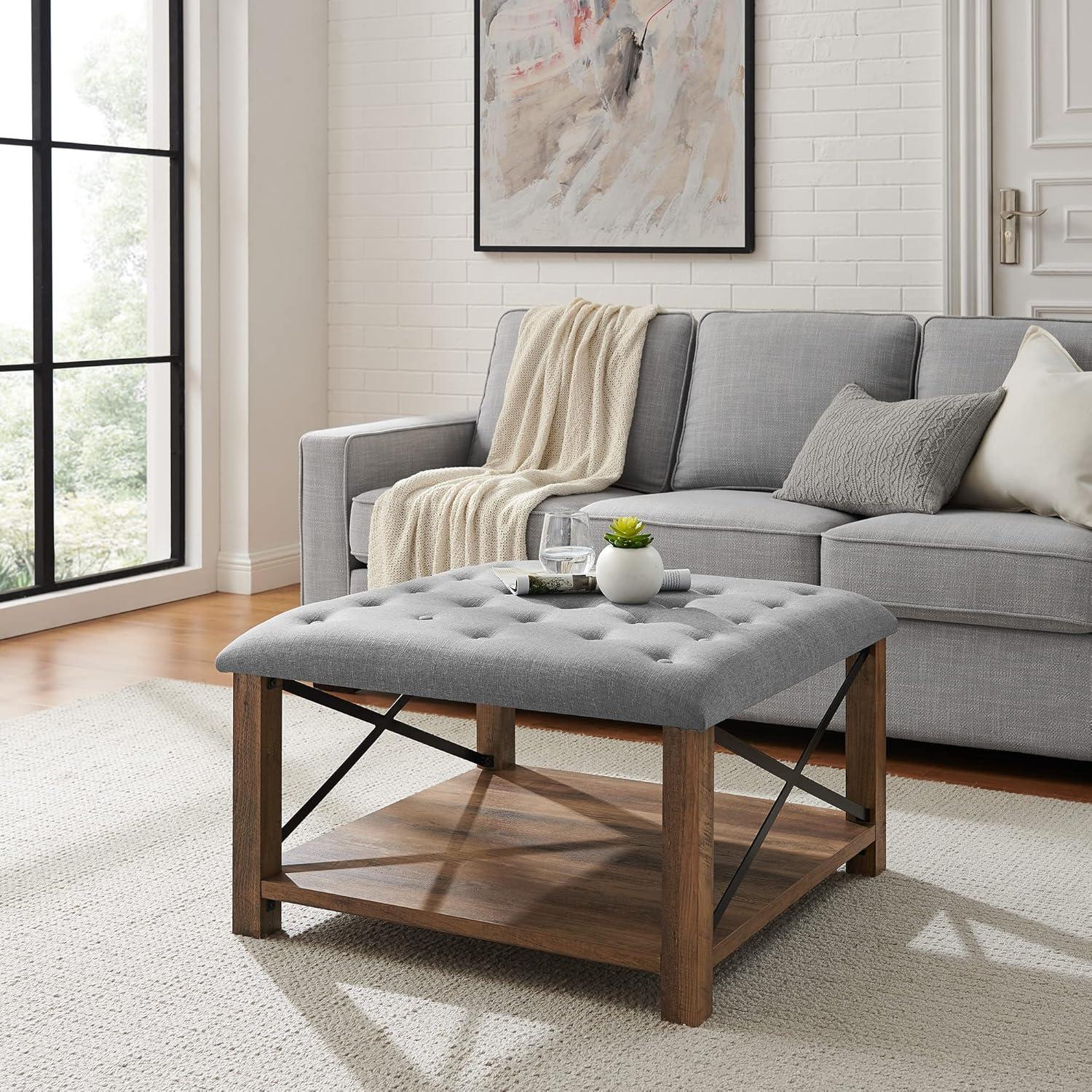 Walker Edison Marcus 30" Square Tufted Fabric Upholstered Ottoman in Gray