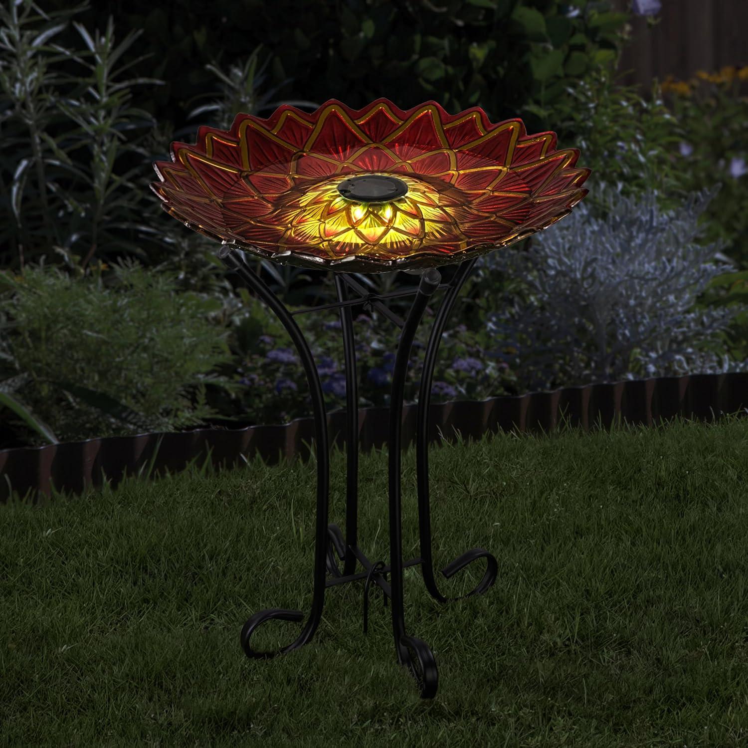 Teamson Home 17.8" Dahlia-Shaped Fusion Glass Birdbath with Solar-Powered Light