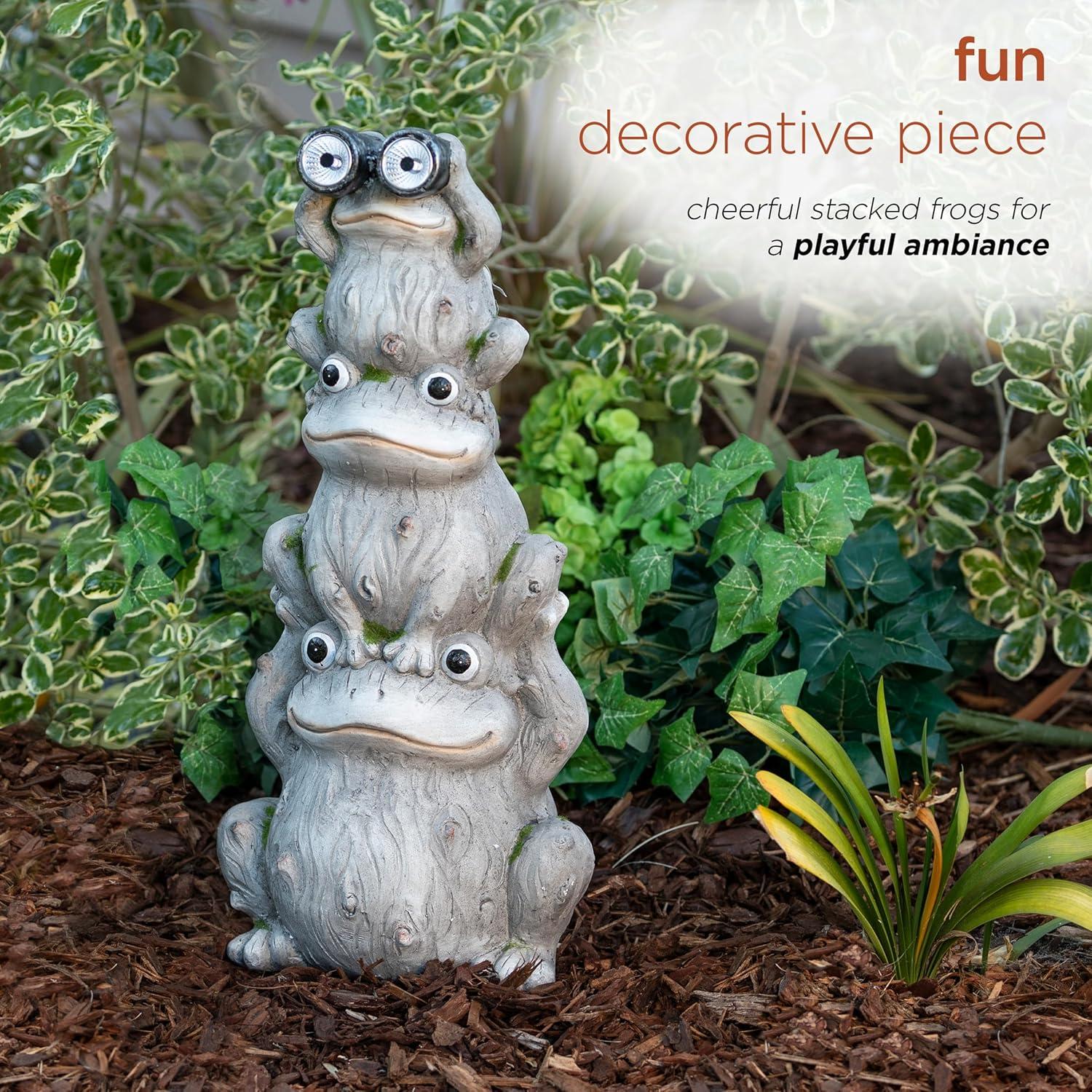 Gray Solar-Powered Stacked Frog Lawn Decoration with LED Lights