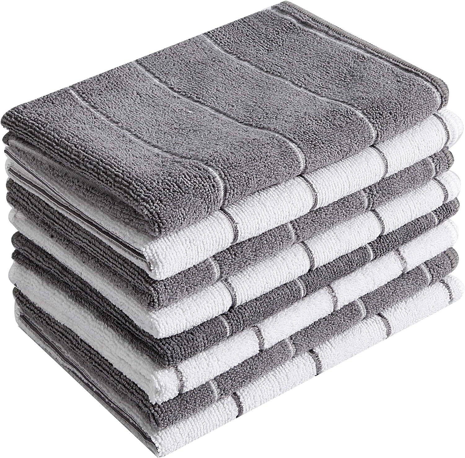 Gray and White Striped Microfiber Kitchen Towel Set, 26 x 18 Inch, 8 Pack