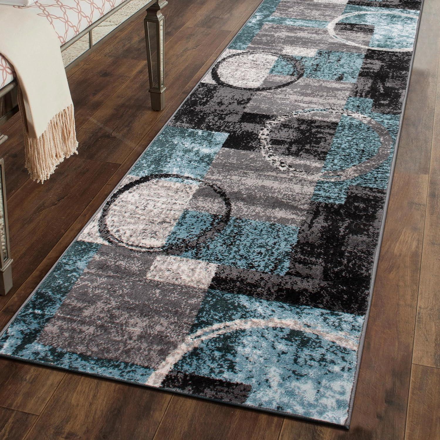 Gray and Teal Abstract Geometric Runner Rug 2'7" x 6'