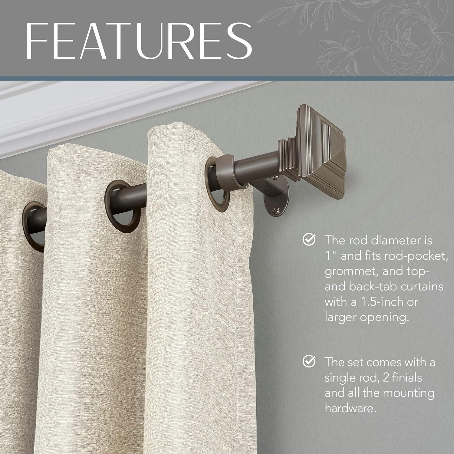Florence 1" Window Drapery Single Curtain Rod with Stacked Square Finial - 48"-86" - Pewter - Elrene Home Fashions