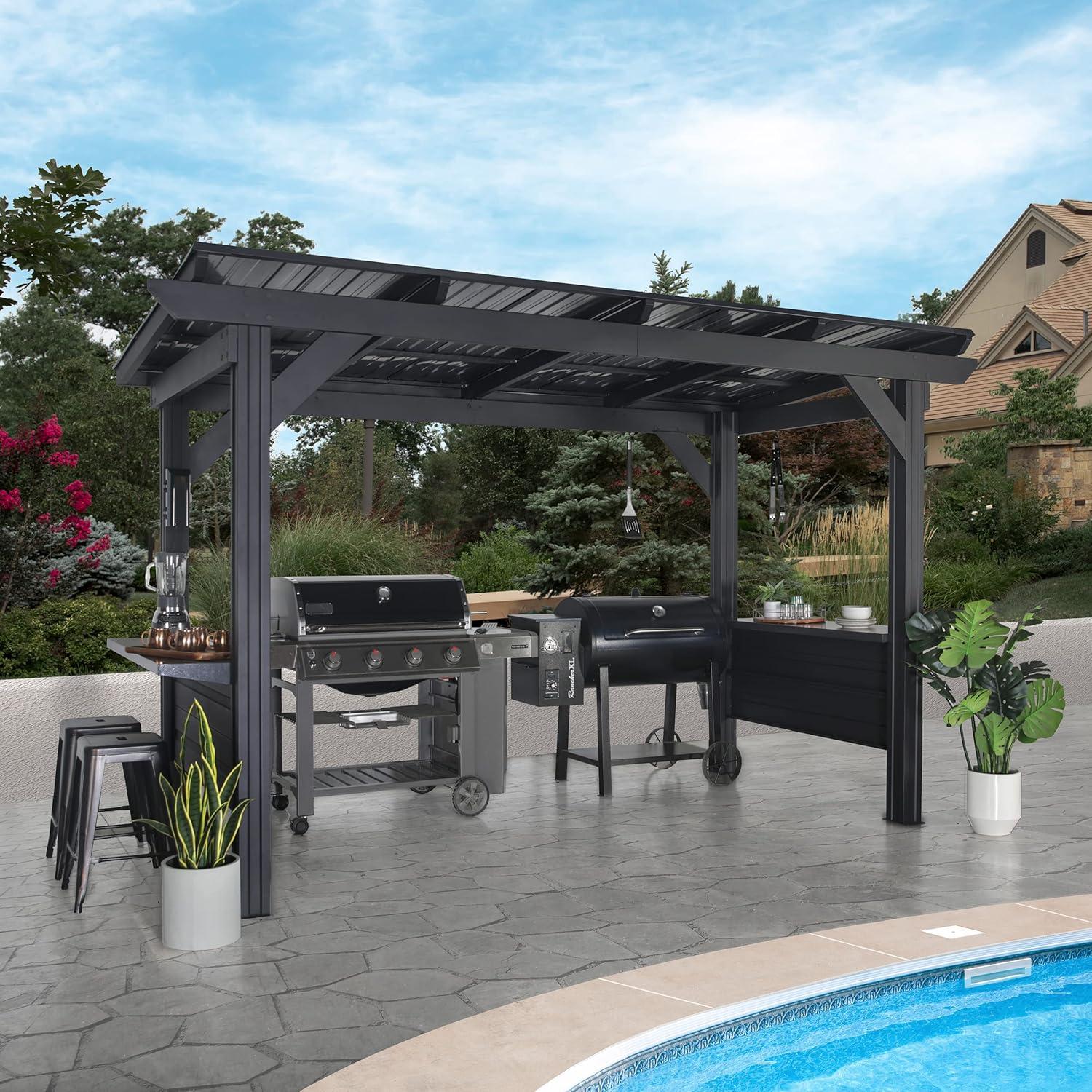 Backyard Discovery Backyard Discovery Rockport XL 12' x 6' Galvanized Steel Hardtop BBQ Grill Gazebo with Bar Tops and PowerPort