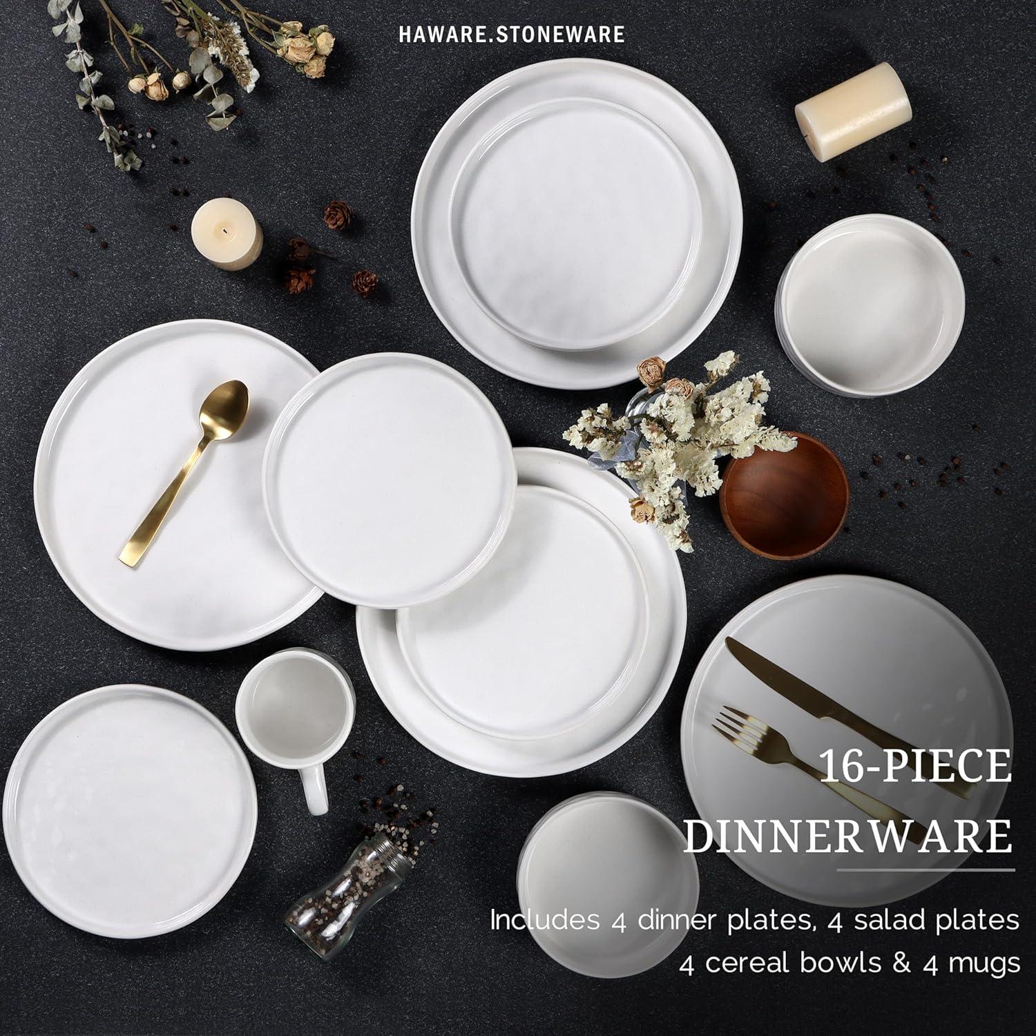 16-Piece Stoneware Plates and Bowls Set, Elegant Ceramic Dish Set for 4, Chip and Scratch Resistant, Microwave and Dishwasher Safe, Speckled White