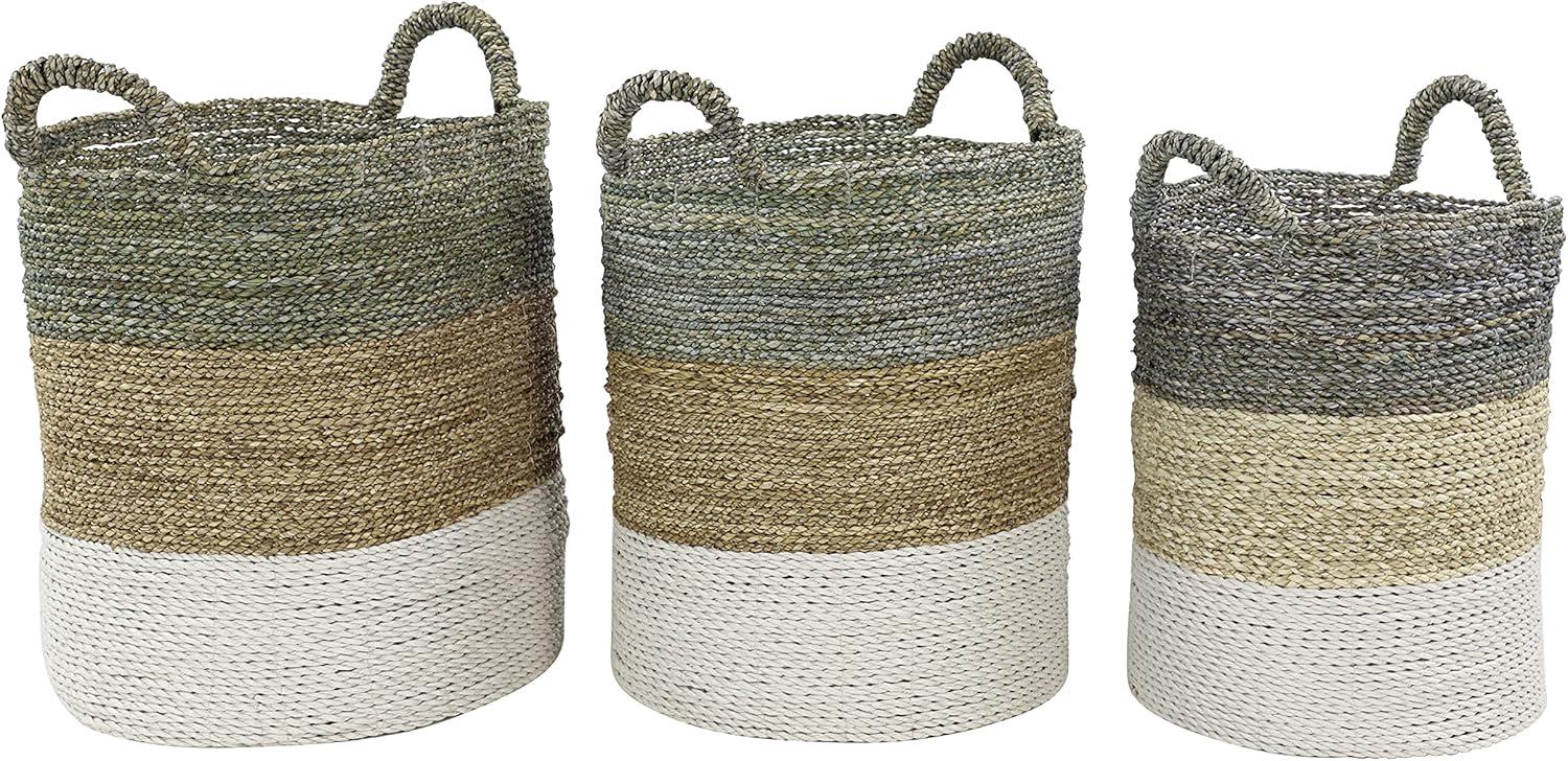 Multi-Colored Round Seagrass Storage Baskets, Set of 3