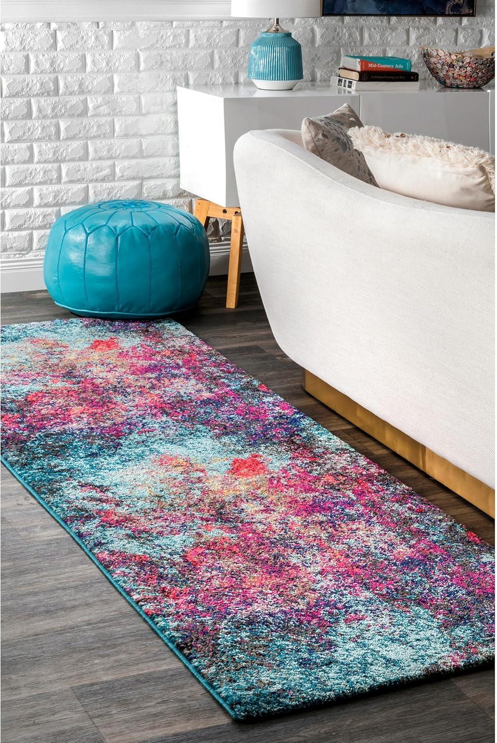 Reversible Blue and Pink Abstract Synthetic Runner Rug